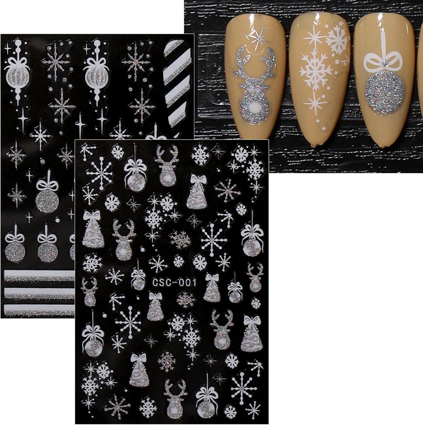 JMEOWIO 8 Sheets Christmas Glitter Nail Art Stickers Decals Self-Adhesive Snowflake Winter Holiday Cute Silver White Nail Supplies Nail Art Design Decoration Accessories