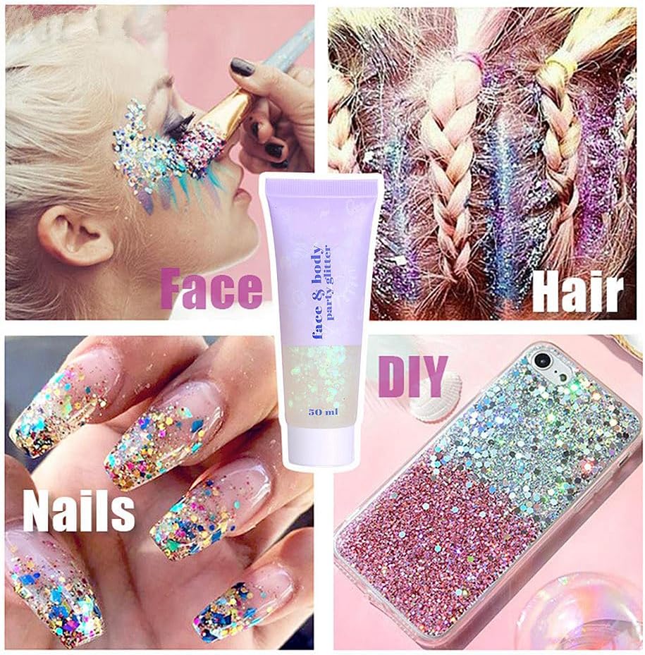 Go Ho 2PCS White Face Body Glitter Gel,Singer Concerts Face Glitter Makeup,Holographic Long Lasting Chunky Sequins Glitters for Eye Lip Hair Nails,Festival Rave Accessories,06 Fairy White Glitter