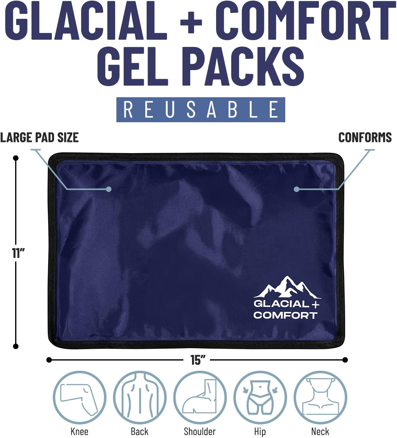 Glacial Comfort Gel Ice Pack for Back Pain - (15" x 11") Reusable Cold Pads for Hip, Knee, Shoulder Injuries, Muscle Strains, Migraine & Postpartum Recovery - Compression Pad.