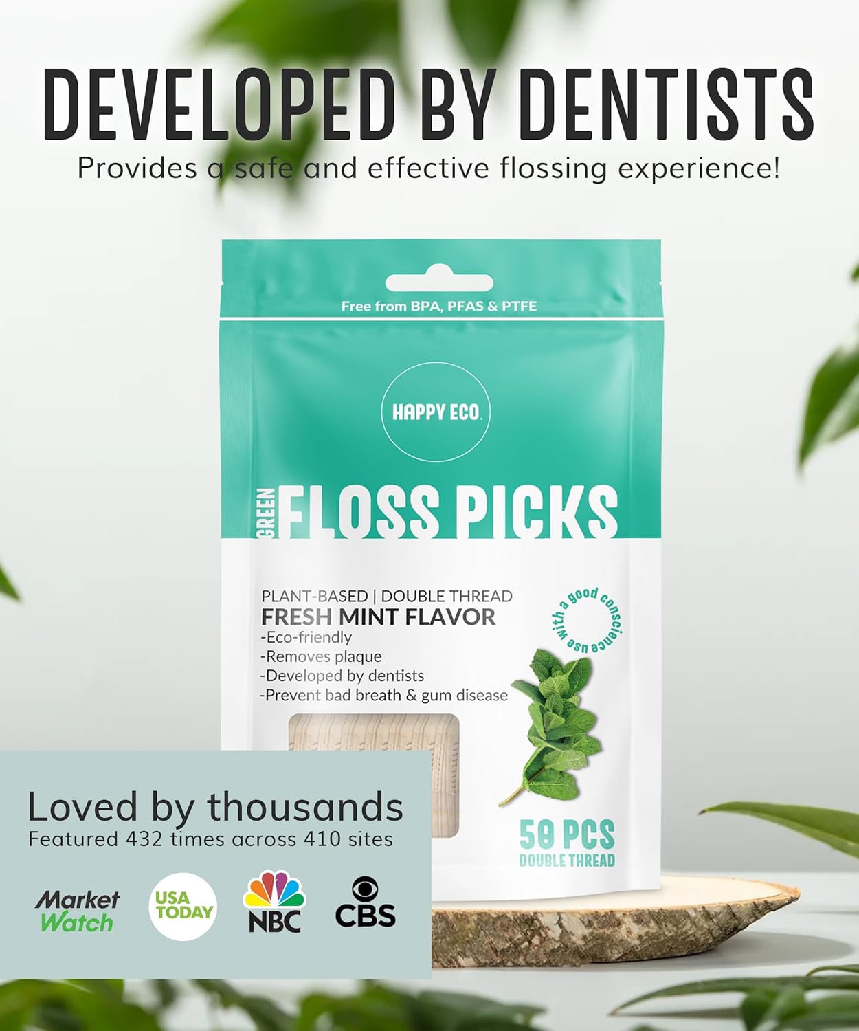 Floss Picks Biodegradable (100pcs) - Plant Based Dental Floss Picks, Natural Flossers for Adults & Kids, Nontoxic Vegan Tooth Pick Flossers & Eco Floss Sticks - Double Thread Mint