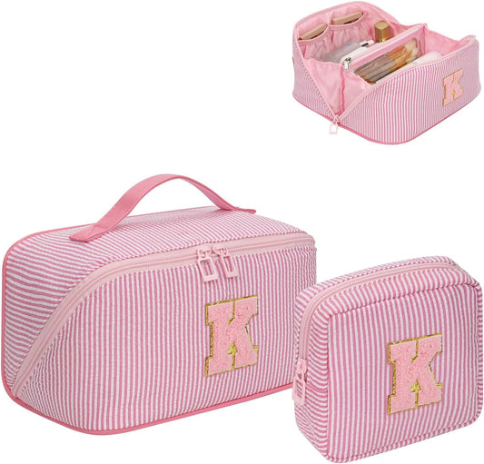 Travel Makeup Bag for Women, 2Pcs Portable Personalized Initial Makeup Organizer Bag, Open Flat Large Cosmetic Bag With Travel Essential Pouch (Pink Letter K)
