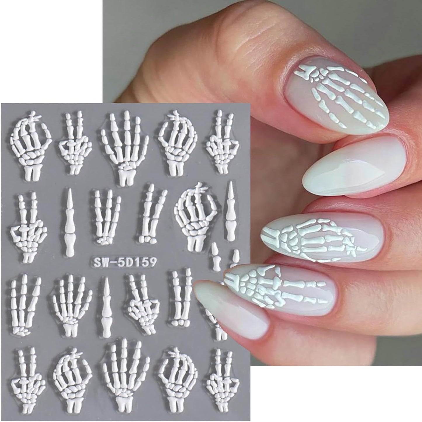 Halloween Nail Art Stickers 5D Relief Skeleton Hand Rose Flowers Nail Decals Self -Adhesive Gold Rose Gold White Nail Decals Holographic Halloween Nail Decoration for Women Manicure Supplies