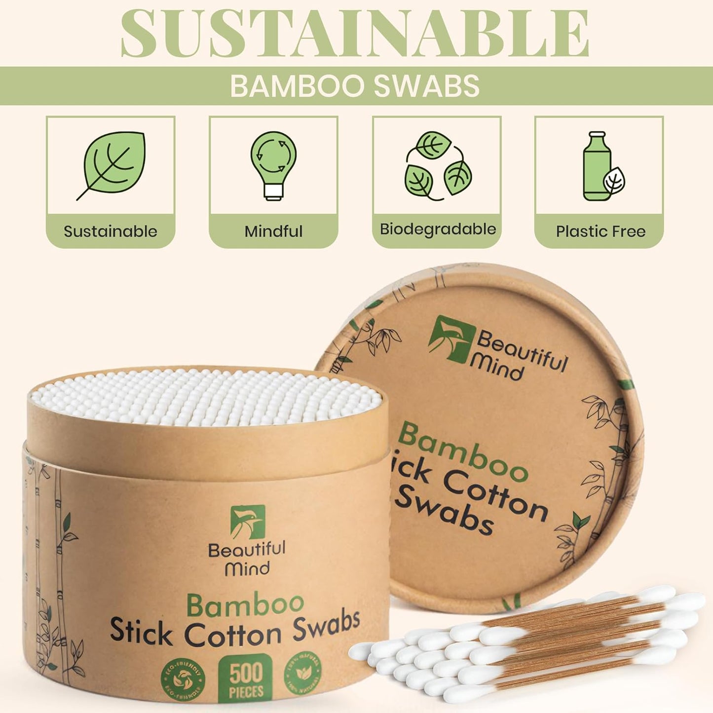 Bamboo Cotton Swabs 500 Pack - Natural Swabs for Ears, Makeup & Cleaning - Carbonized Bamboo Sticks with Soft Buds - Travel Size Q Gentle Tips - Precision Ear Cleaner Swabs