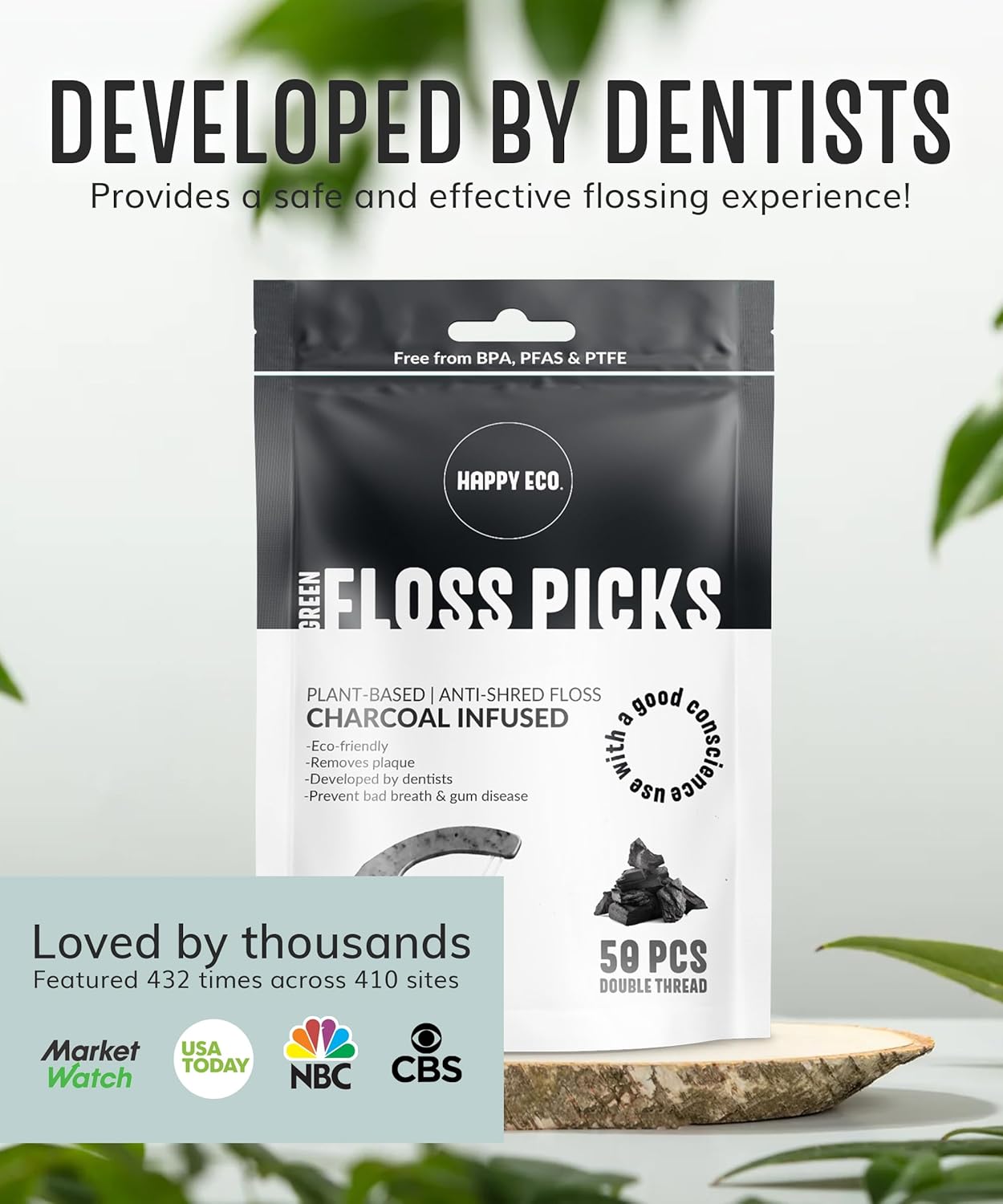 Floss Picks Biodegradable (100pcs) - Plant Based Dental Floss Picks, Natural Flossers for Adults & Kids, Nontoxic Vegan Tooth Pick Flossers & Eco Floss Sticks - Double Thread Charcoal