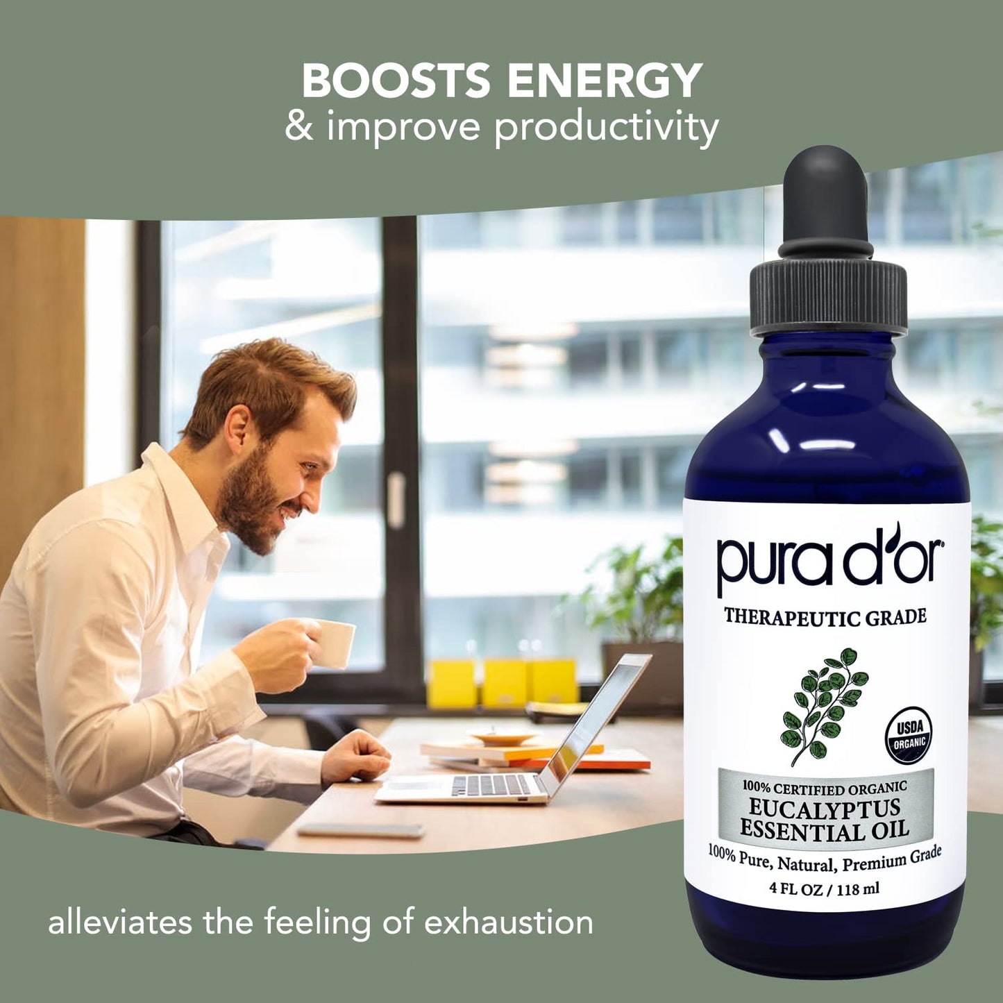 PURA D'OR Organic Eucalyptus Essential Oil (4oz with Glass Dropper) 100% Pure & Natural Therapeutic Grade for Hair, Body, Skin, Aromatherapy Diffuser, Relaxation, Massage, Home, DIY Soap