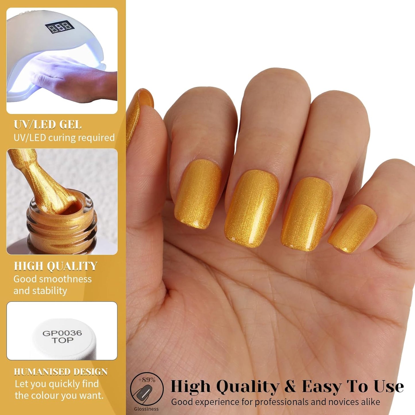Gold Metallic Glitter Gel Polish,15ml UV/LED Soak Off Sparkly Gold Yellow Chrome Gel Nail Polish Kit for Manicure Salon or DIY Nail Art at Home,Party Holiday Color Gel Gift - GP0089