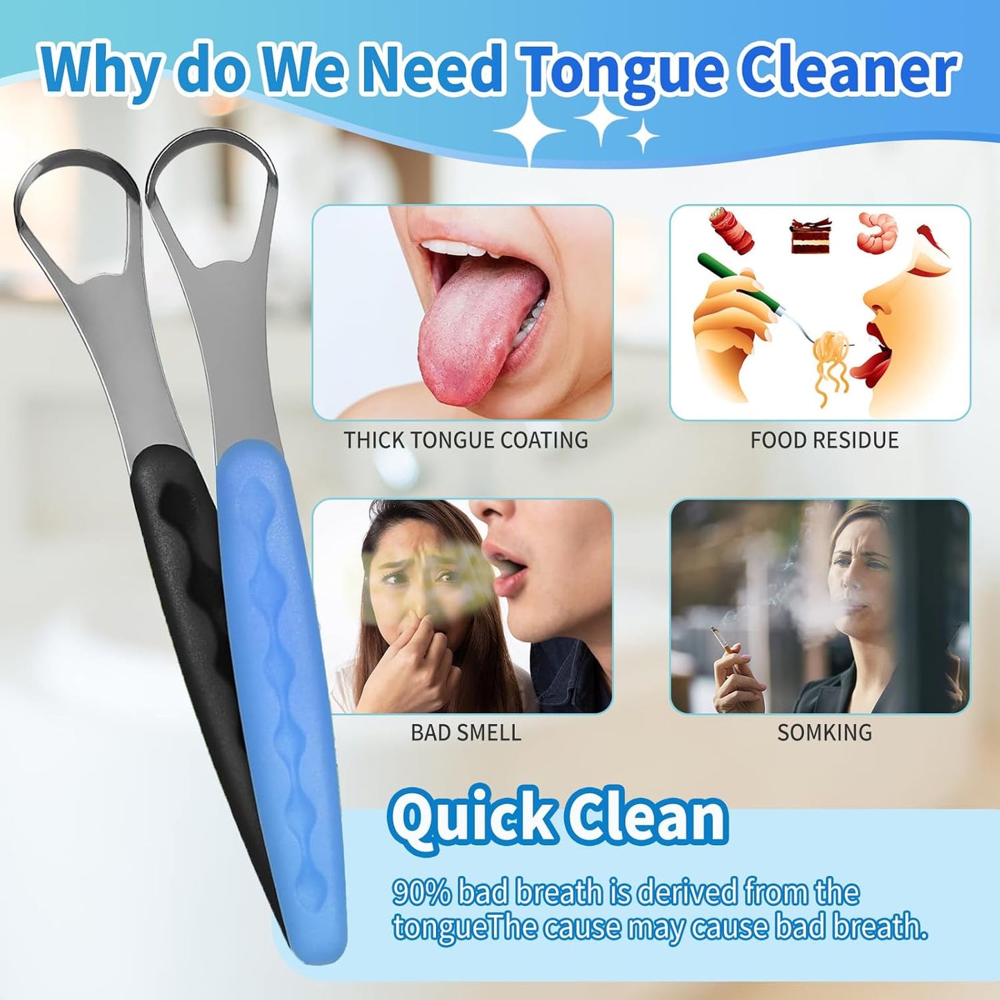 4-Pack Colorful Tongue Scraper for Adults with Travel Case, Stainless Steel, Metal Tongue Brush for Bad Breath, Oral Hygiene Tool, Easy to Use & Portable