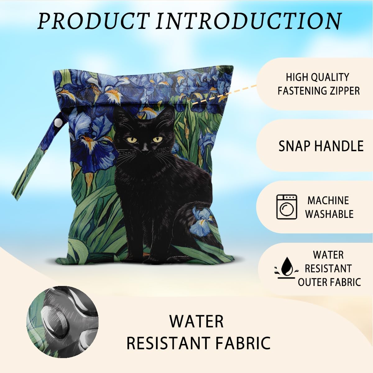 Cat Wet Bags 12x10 Inch, Blue Floral Waterproof Reusable Wet Dry Bags, Flowers Washable Travel Laundry Bag for Swimsuit Pool Beach Diapers Dirty Yoga Gym Clothes, Cat Gifts for Women Friend Travelers