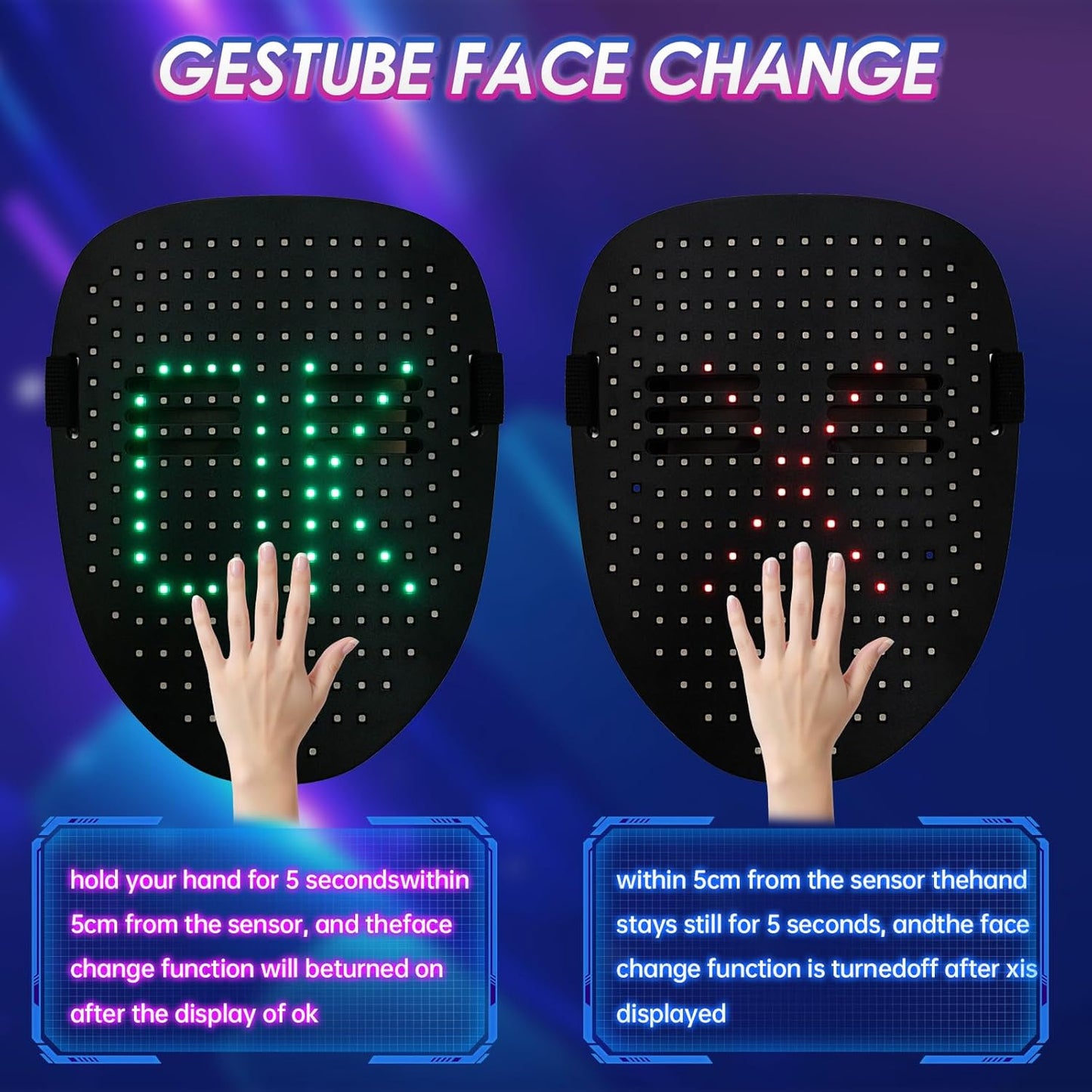 LED light mask with gesture sensing, unisex LED Halloween mask for costume role-playing party, masquerade ball
