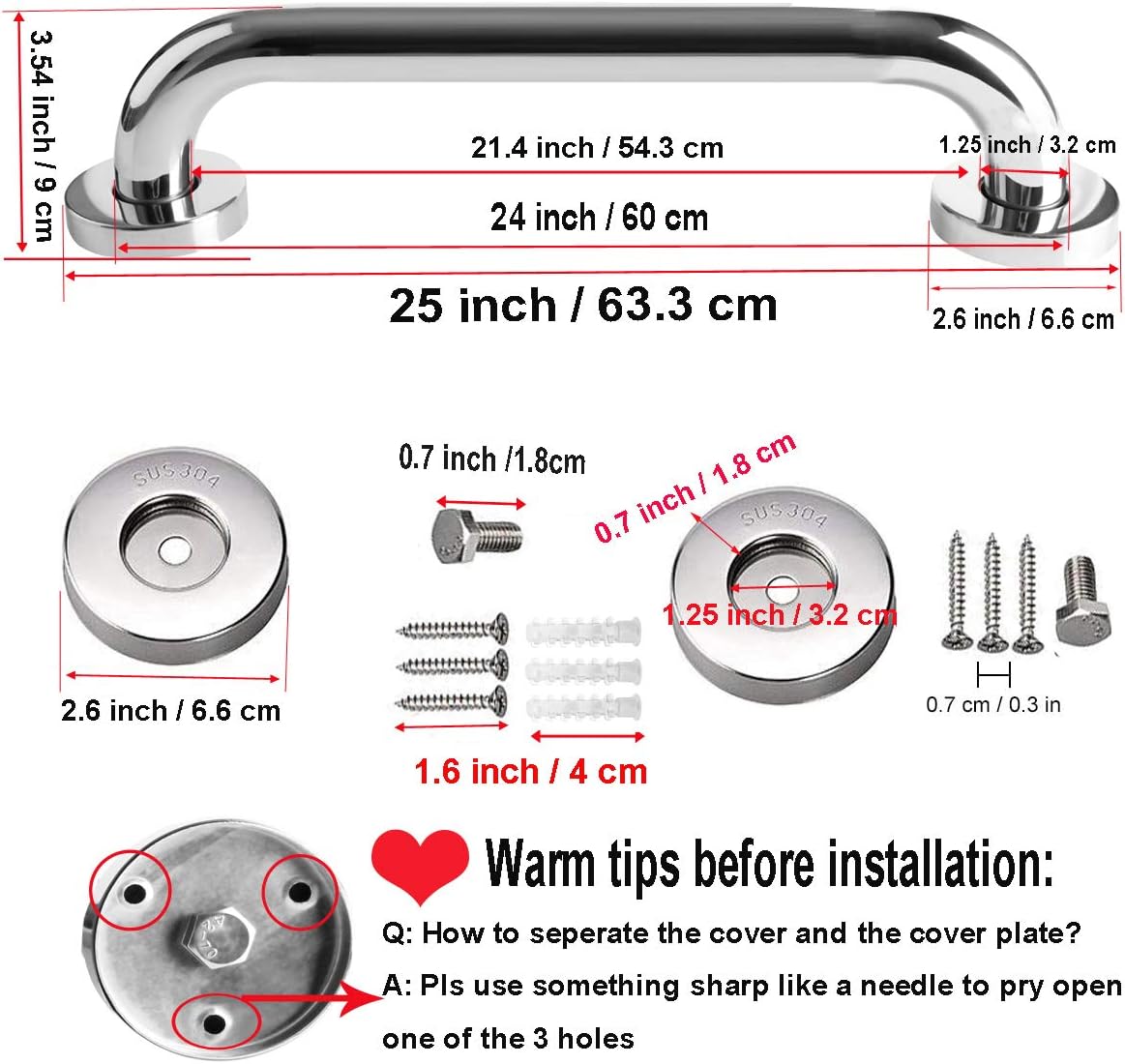 2 Pack 24 Inch Shower Grab Bar, iMomwee Chrome Stainless Steel Bathroom Grab Bar Handle, Bathroom Shower Balance Bar,Safety Hand Rail Support,Handicap Elderly Senior Assist Bath Handle(1.25" Diameter)