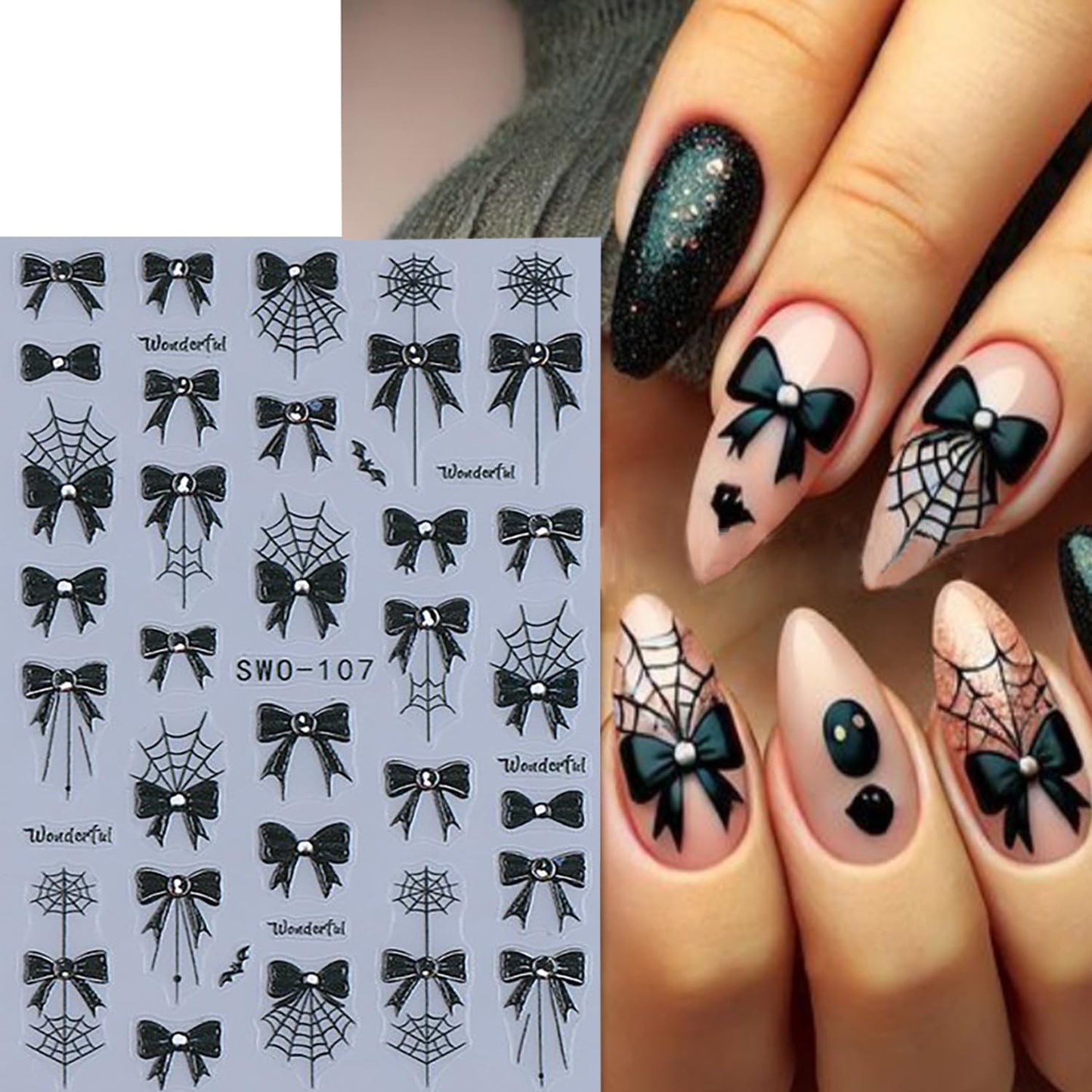 6 Sheets Halloween Nail Art Stickers 3D Self -Adhesive Black Bow Spider Web Nail Decals Holographic Bat Blood Drops Nail Stickers Halloween Nail Decoration for Women Manicure Supplies