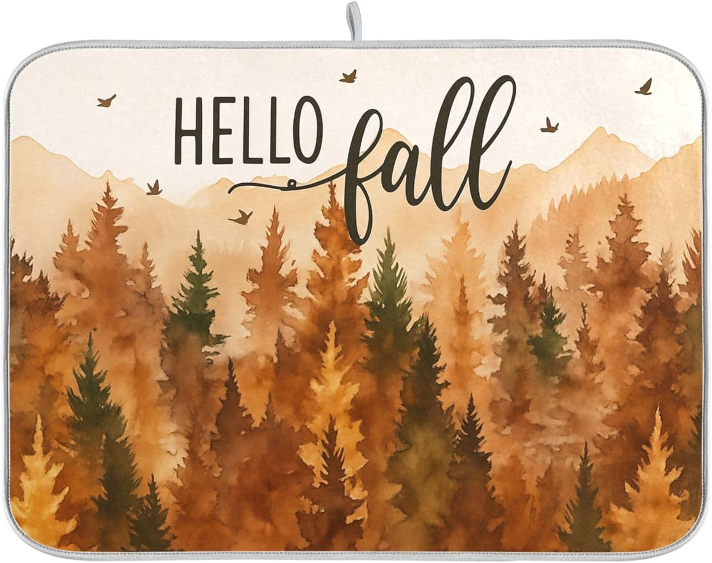 Hello Fall Forest Dish Drying Mat for Kitchen Countertop 16x18 Autumn Pine Tree Small Drying Mat Reusable Quick Dry Dish Sink Mats Easy Clean Decorative Essentials