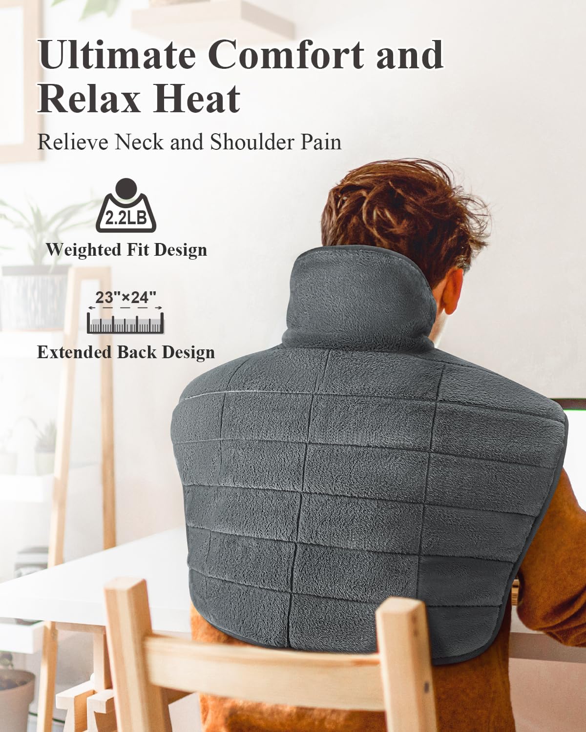 Heating Pad for Neck and Shoulders and Back, 24"x23" XL Large Electric Heated Wrap for Pain Relief, Gifts for Women Men, 2lb Weighted, 6 Heat Settings, 4 Timers, Silver Grey