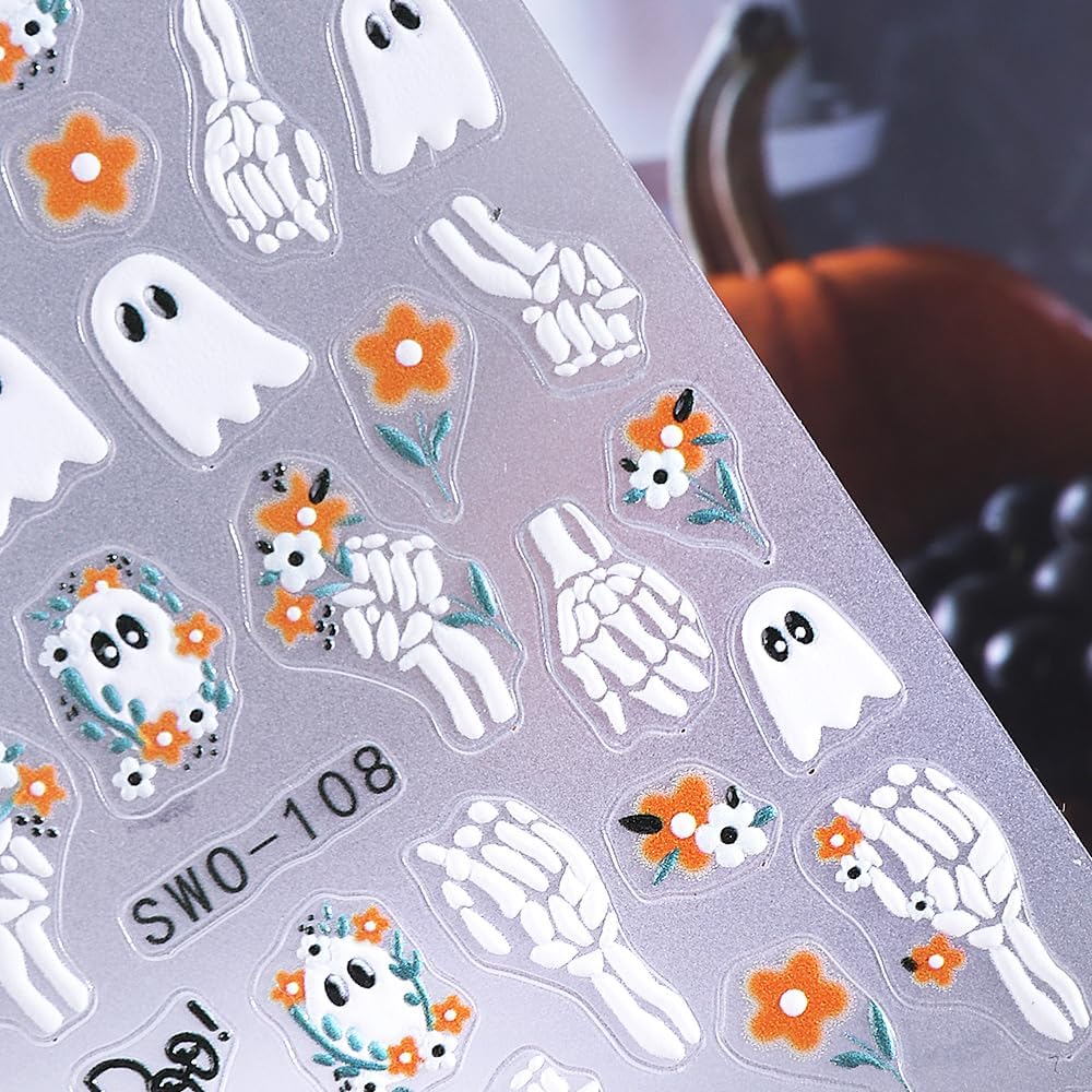 4 Sheets Halloween Nail Stickers for Nail Art Scary Black Cat Mummy Spider Web Nail Art Stickers 5D Spider Pumpkin Nail Decals Self-Adhesive Ghost Skeleton Nail Supplies for Women Nails Decoration