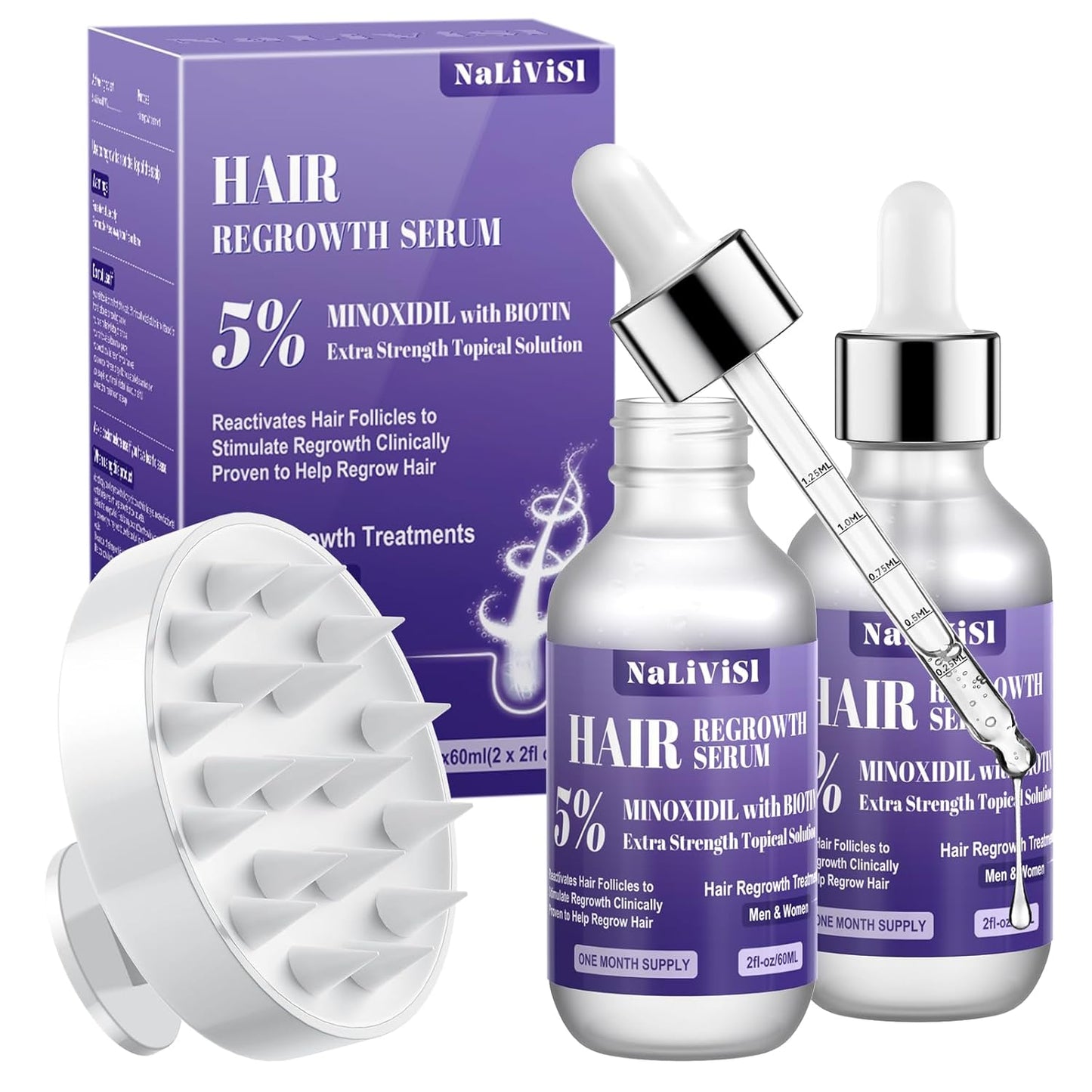2 Pack 5% Minoxidil for Men Women Hair Growth Oil Regrowth Serum with Scalp Massager, Extra Strength Hair Loss Treatments Spray Foam, Beard Growth Kit - Hair Growth Products,