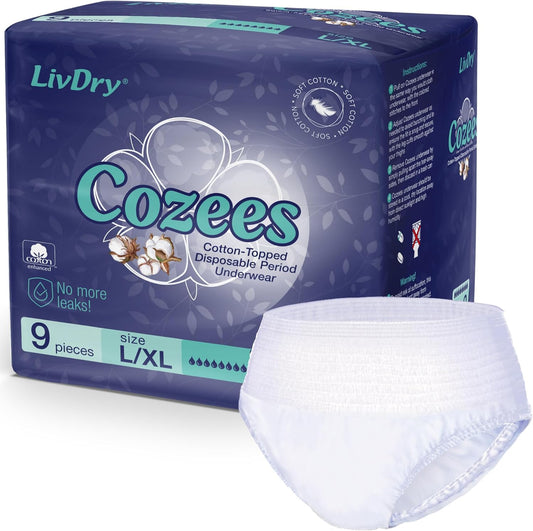 Cozees Disposable Period Underwear for Women, Menstrual and Postpartum High Absorbency, Cotton Covered Comfort, Made in USA (9 Count, Large/X-Large)