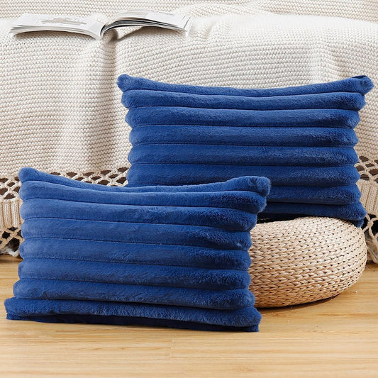 MADIZZ Set of 2 Faux Wool Plush Decorative Throw Pillow Covers 12x20 Inch Blue Fluffy Striped Soft Decorative Cushion Cover for Sofa Bedroom Pillow Shell