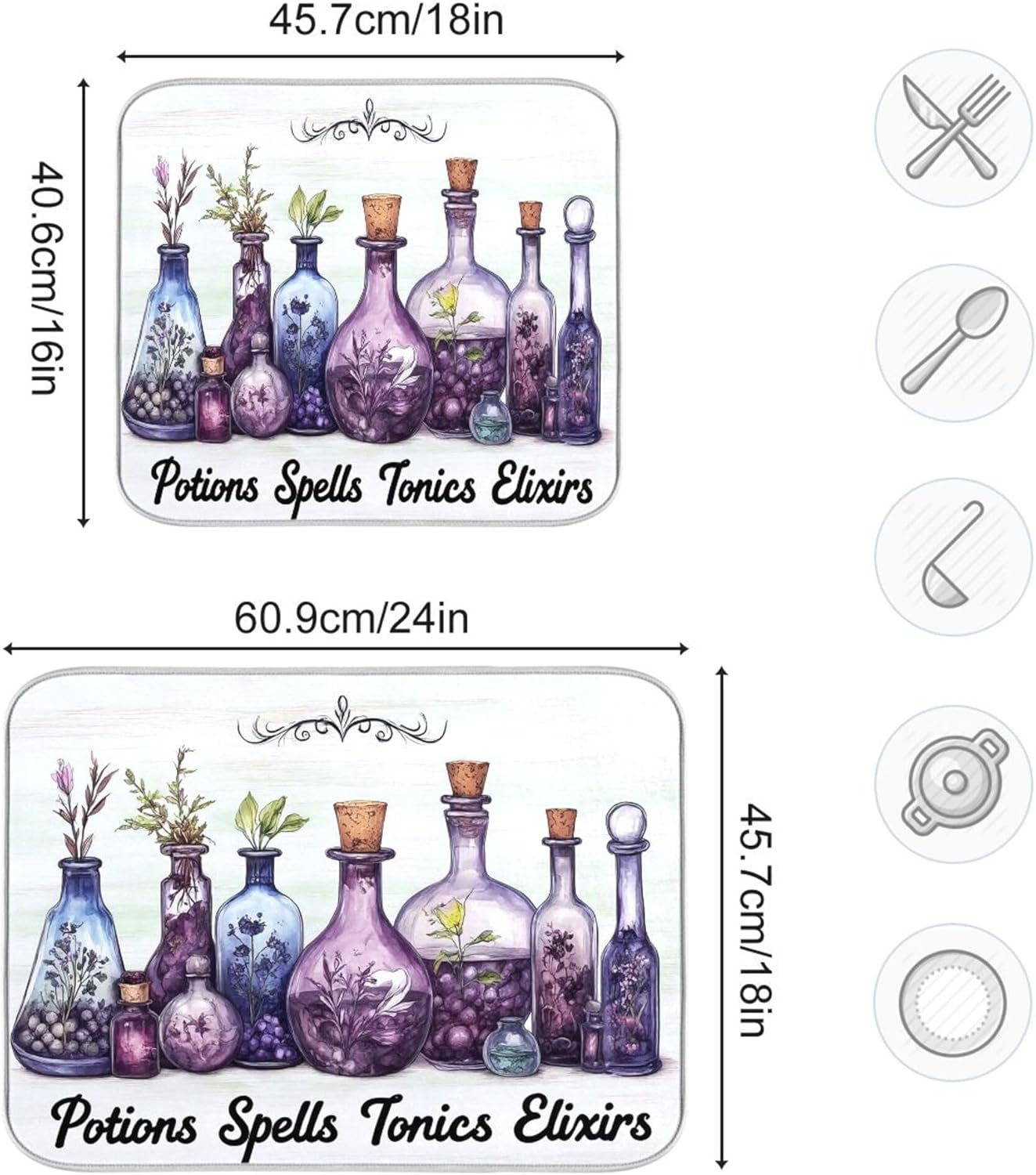 Halloween Potions Dish Drying Mat for Kitchen Countertop 16x18 Witch Herbs Purple Spooky Small Drying Mat Reusable Quick Dry Dish Sink Mats Easy Clean Decorative Essentials