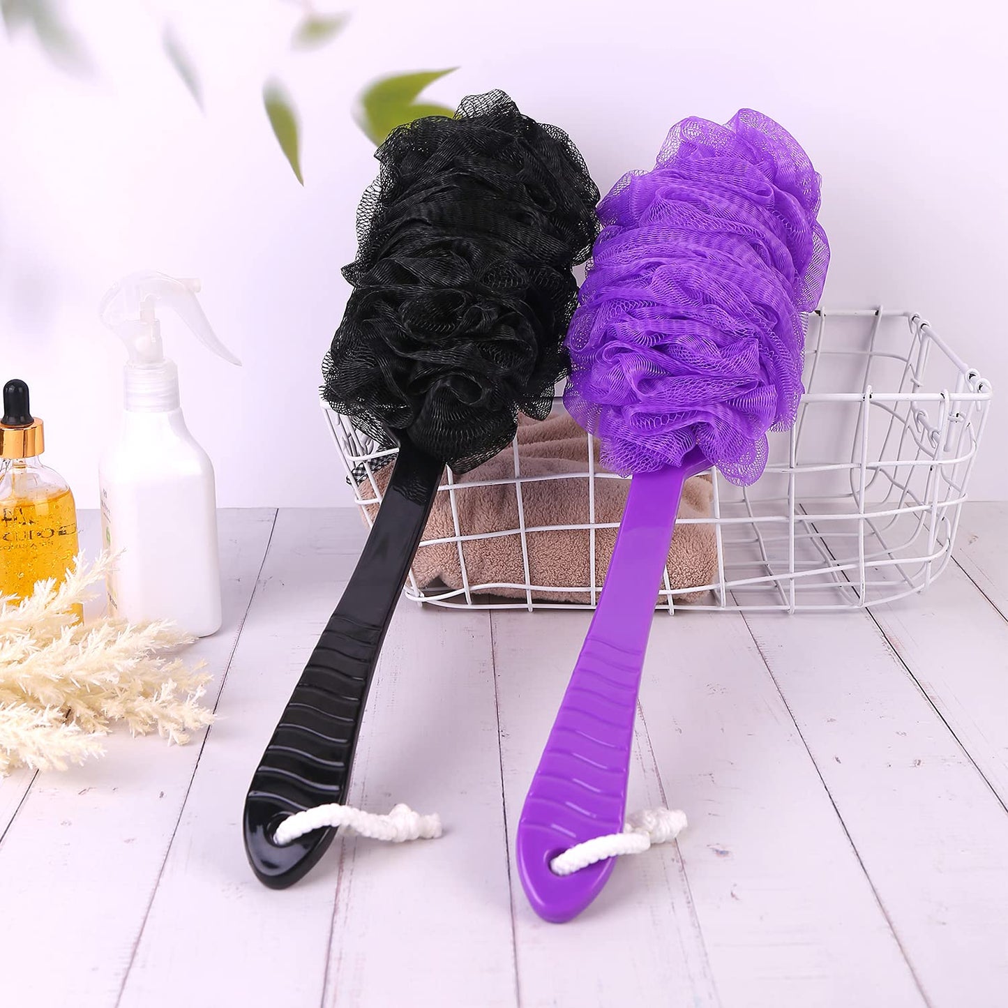 Back Scrubber Brush Long Handle for Shower, Loofah On a Stick Sponge Back Brush, Body Exfoliator Scrubber Bath Brush for Men Women, Exfoliating Cleaning Back Scrubber for Elderly (2 Pack-Black+Purple)