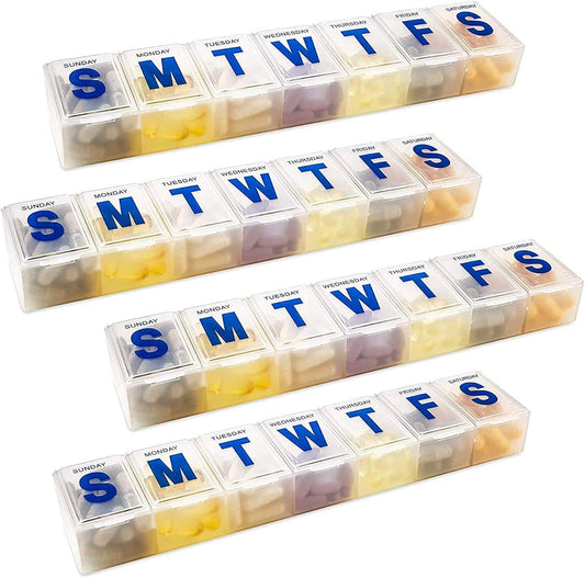 Weekly Pill Organizer - 7-Day Pill Planner Extra Large Pill Planner and Daily Pill Organizer and Medicine Reminder, Monday to Sunday Compartments - BPA Free - Travel Pill Box Case (Pack of 4)