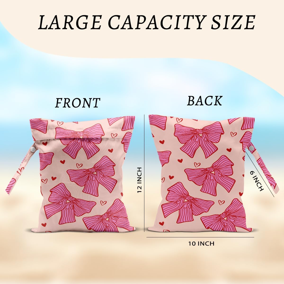 Pink Bow Wet Bags 12x10 Inch, Heart Waterproof Reusable Wet Dry Bags, Bow Tie Washable Travel Laundry Bag for Swimsuit Pool Beach Diapers Dirty Yoga Gym Clothes, Pink Gifts for Women Friend Travelers