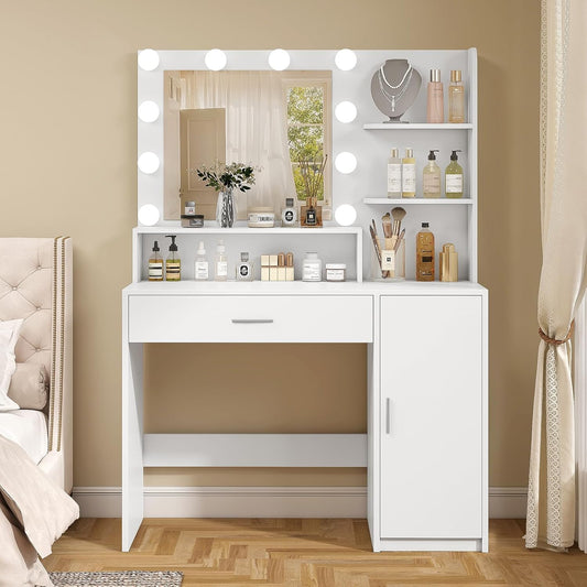 Quimoo Makeup Vanity Desk with Mirror & Lights, Vanity Desk with 5 Drawers & Storage Shelves, Vanity Table, 3 Color Modes & Adjustable Brightness Dressing Table, Bedroom, White