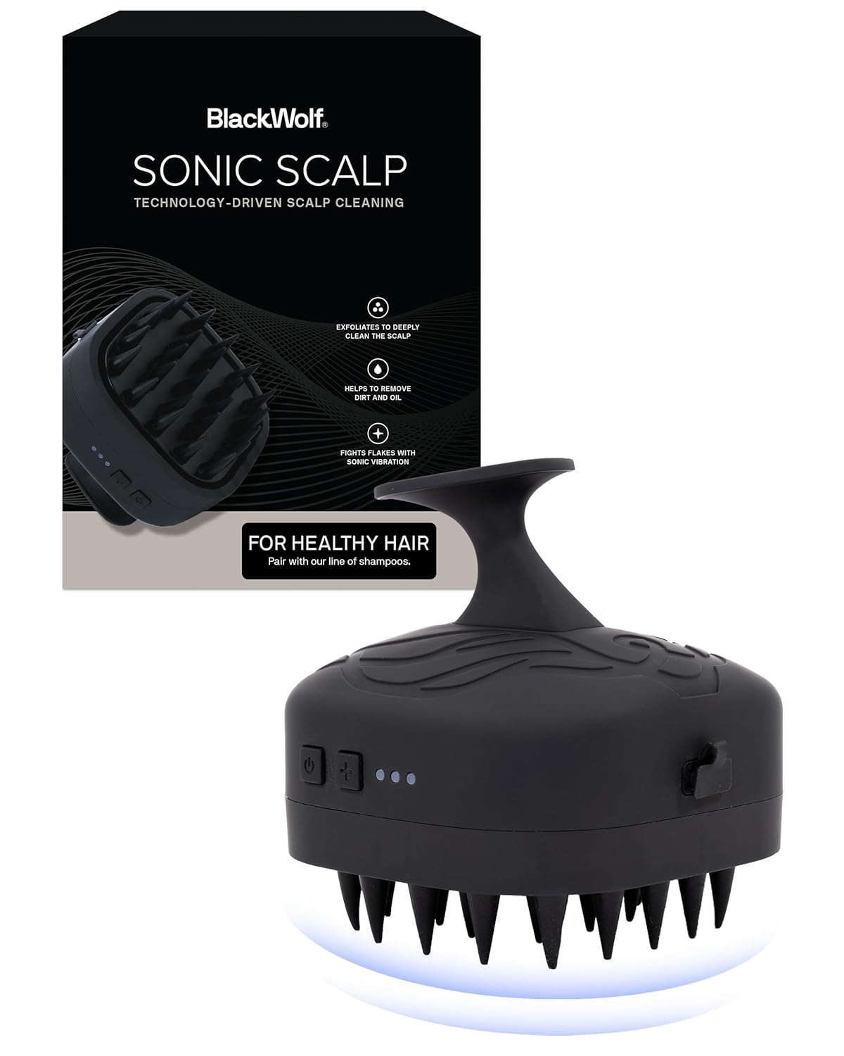 Black Wolf Sonic Scalp Scrubber - Electric Hair & Scalp Massager Brush with 3-Speed Oscillation - Rechargeable Shower Brush & Head Scrubber with Soft Silicone Bristles for Deep Clean & Exfoliation