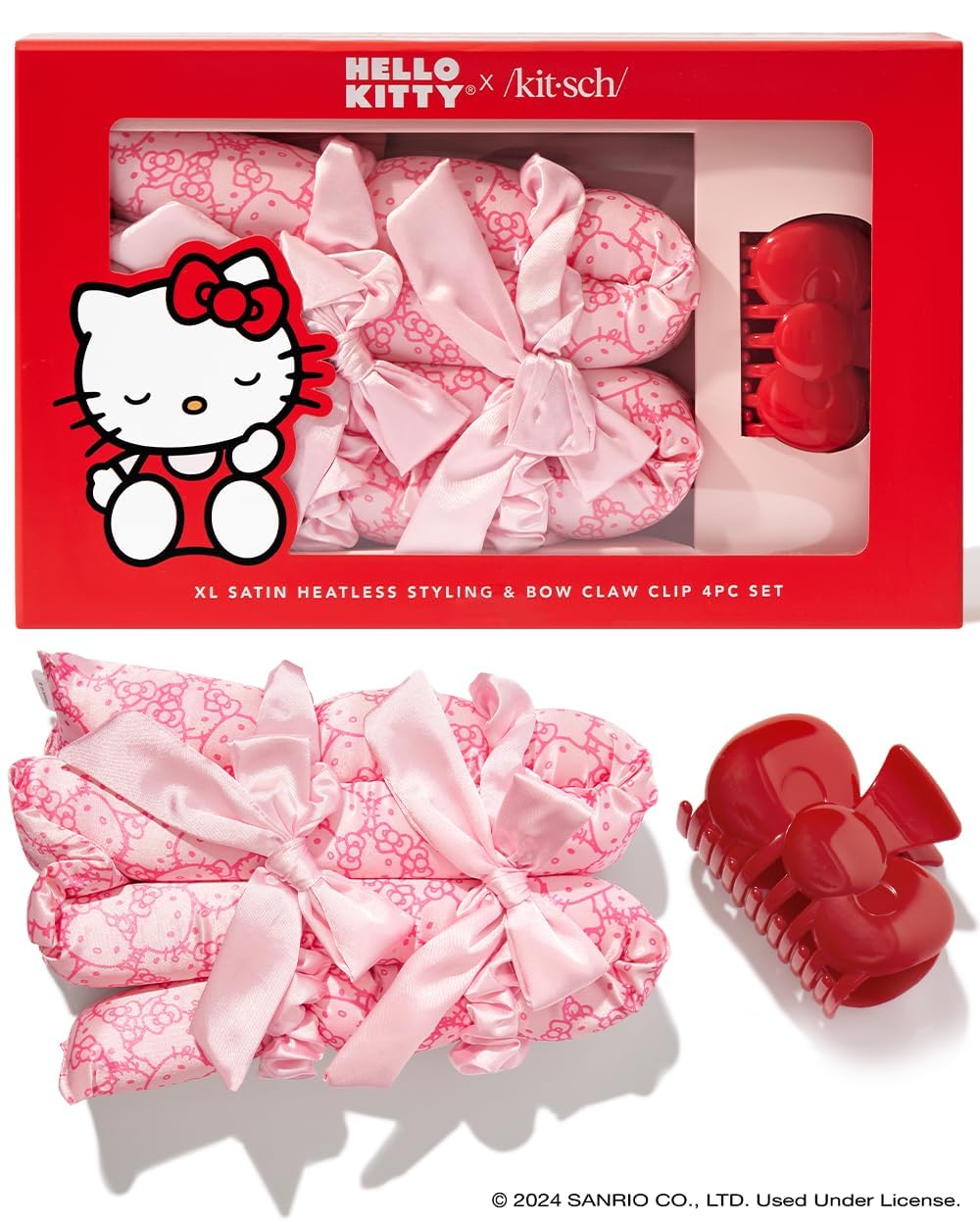 Hello Kitty x Kitsch XL Satin Heatless Curling Set- Heatless Hair Curler To Sleep In for Frizz-Free & Soft Curls, Comes with Bow Shape Design Hair Claw and Satin Scrunchies, Gifts for Women, 4pc Set
