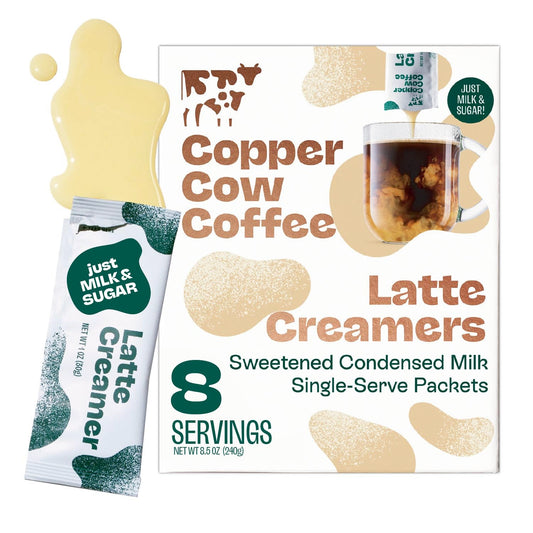 Copper Cow Coffee Sweetened Condensed Milk Coffee Creamer Singles (8 pack) | Vietnamese Inspired Coffee Creamer, All Natural Creamer Packets for Pour Overs & Lattes | No Refrigeration Needed