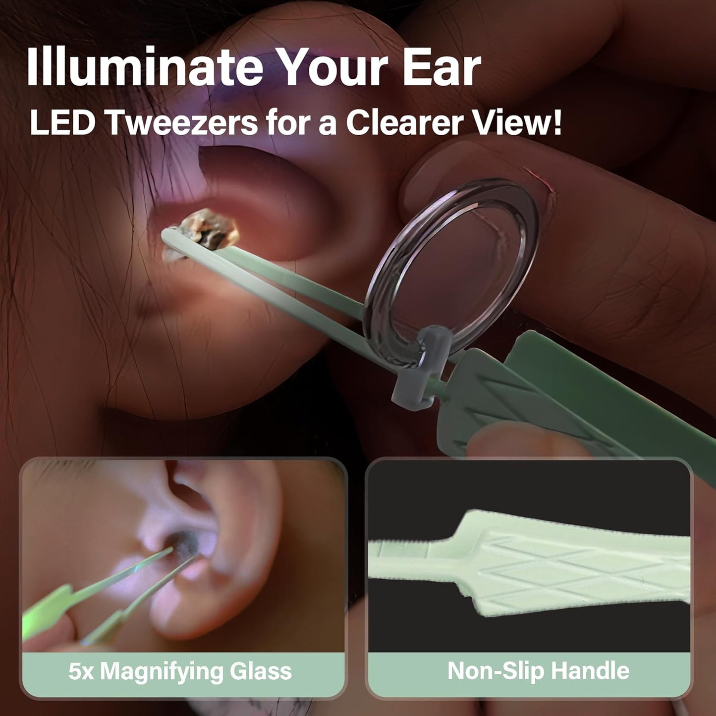 15 Pack Ear Wax Removal Tool Kit with Light - LED Ear Cleaning Kit, Ear Wax Removal for Kids and Adults, Ear Cleaning Tool, Ear Picker Spoon & Ear Tweezers & Spiral Spring Ear Spoon Green