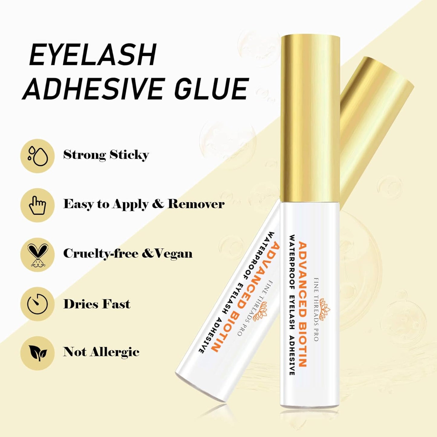 2 in 1 Clear Lash Glue with Lash Growth BIOTIN; Sensitive Eyes; Strong Hold Easy Brush On for False Eyelash Extensions, Strip Lashes, Mink, Wispy, Latex Free, No Parabens; Waterproof