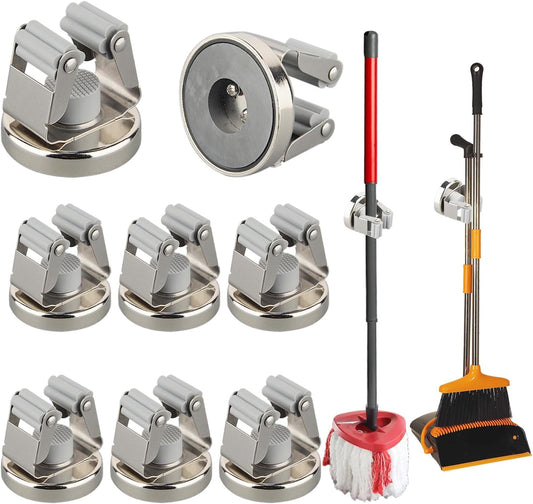 MUTUACTOR Magnetic Broom Holders,8pcs Anti-broken Heavy Duty Magnetic Clips Wall Mount,No Drilling Magnetic Hooks Broom Mop Brackets for Work Cargo Garage Laundry Van Accessories