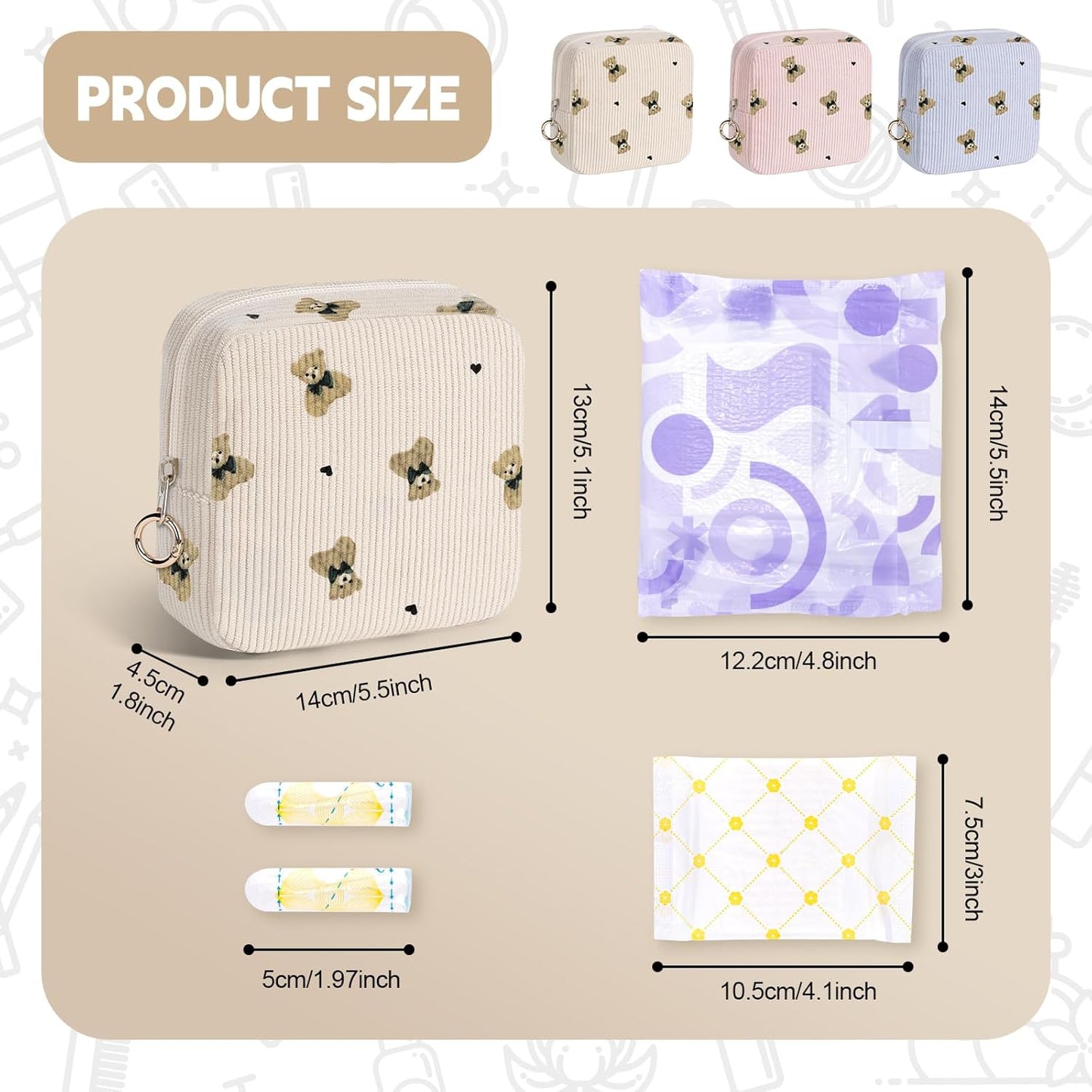 Cute Period Bag for Teen Girls, Bears Corduroy Sanitary Napkin Storage Bag, Menstrual Pad Pouch Tampon Holder for Purse (Khaki)