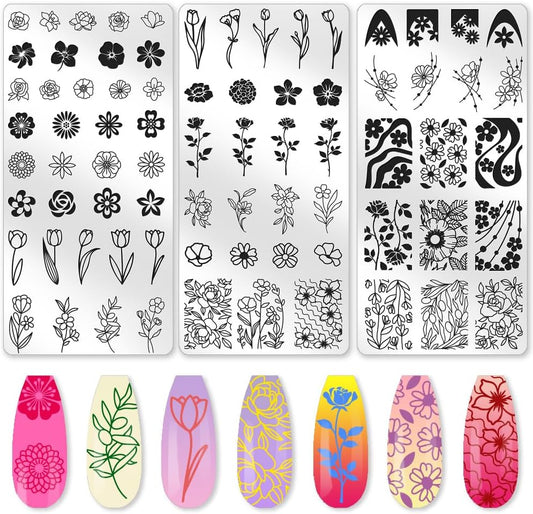 3Pcs Flower Nail Stamping Plate Set Tulips Roses Stainless Floral Steel Nail Stamp Templates Clear Silicone Nails Stamping with Stamper Scraper for Manicure Printing