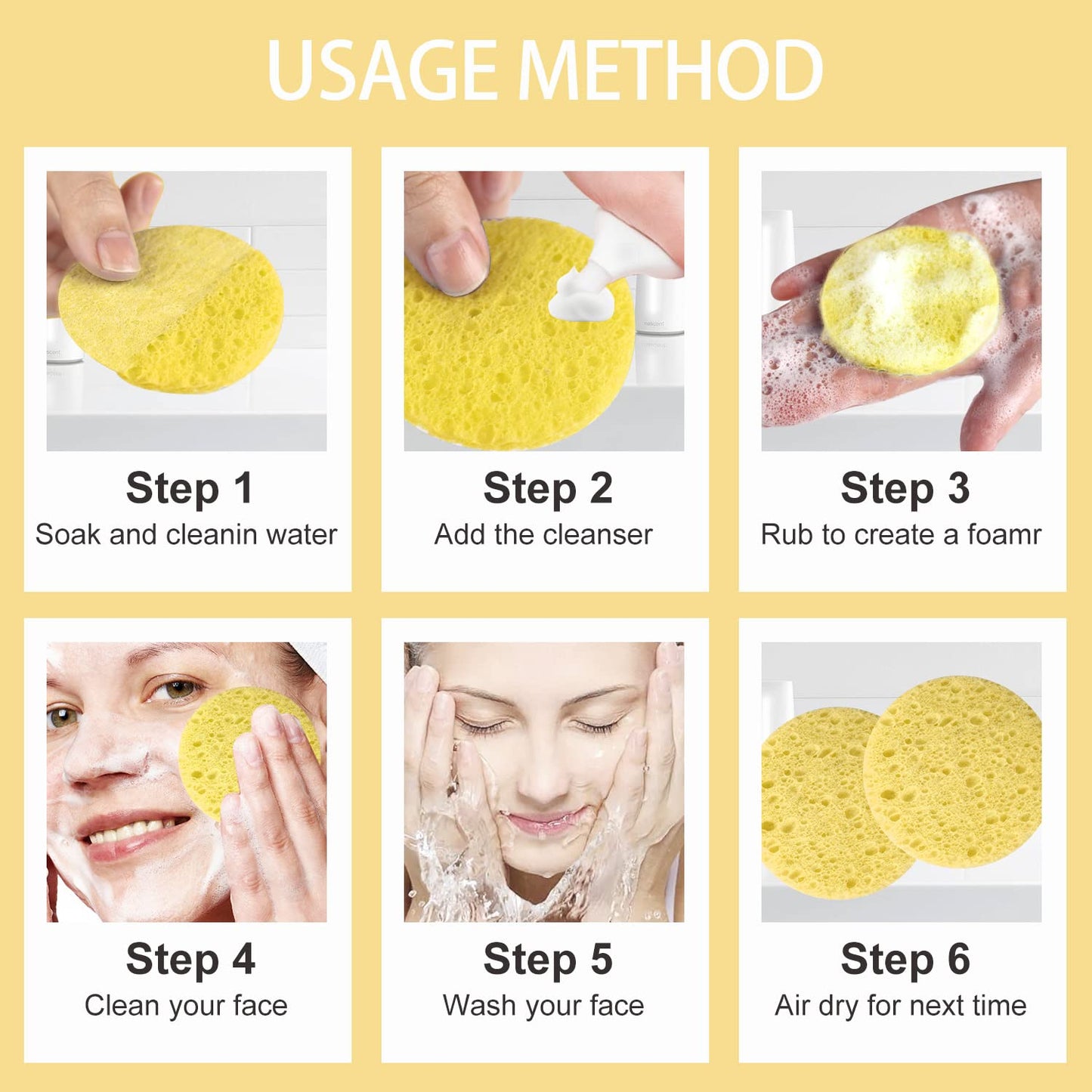 100-Count Facial Sponges Compressed Natural Cellulose Sponge Round Shape Face Sponge for Face Cleansing Exfoliating and Makeup Removal, Yellow