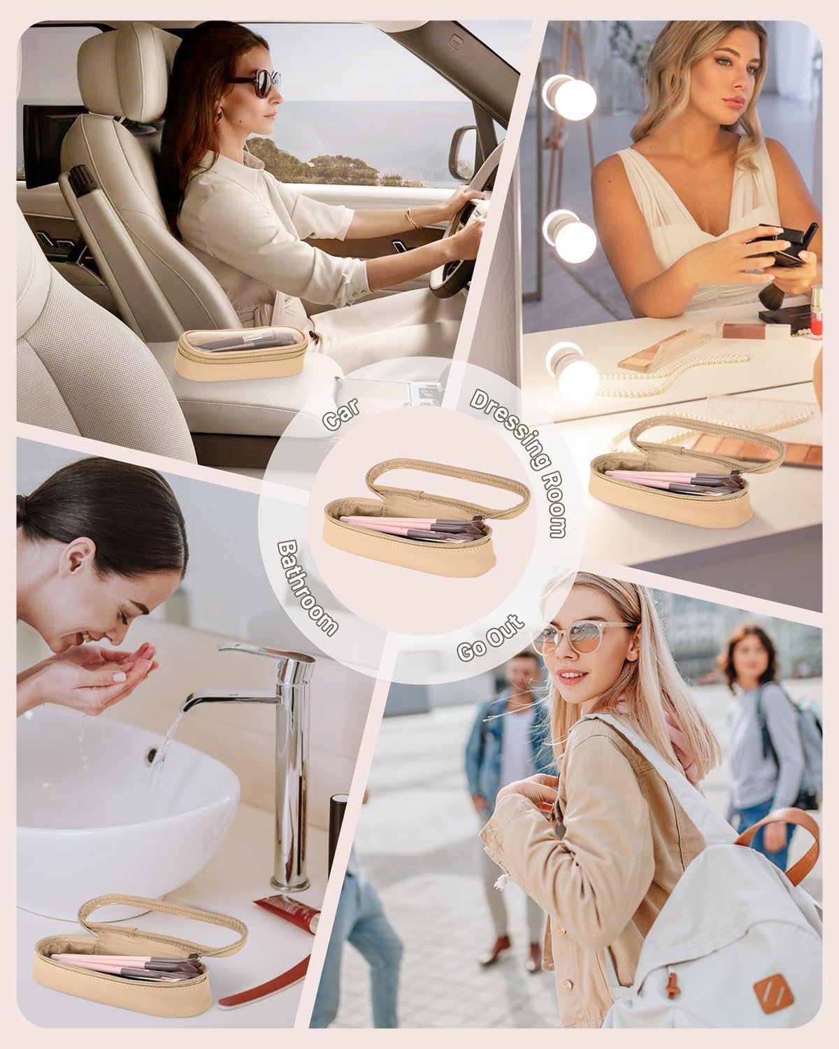 Clear Travel Makeup Brush Holder, Leather Makeup Brush Toiletry Bag, Portable Cosmetic Brush Case, Transparent Waterproof Makeup Brush Storage Bag, Khaki