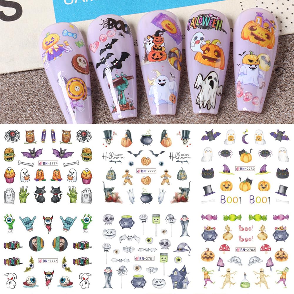 Halloween Nail Stickers 12 Sheets Pumpkin Halloween Nail Art Supplies Decorations Water Transfer Nail Decals Cute Ghost Witch Bat Skeleton Spider Design Watermark Slider Nail Foils for Women DIY