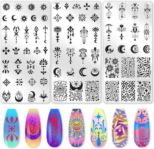 3Pcs Moon Nail Stamping Plate Set Star Sun Meteors Bohemia Stainless Steel Nail Stamp Templates Clear Silicone Nails Stamping with Stamper Scraper for Manicure Printing