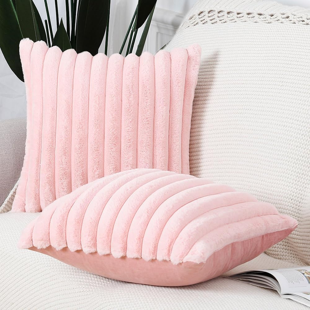 MADIZZ Set of 2 Faux Wool Plush Decorative Throw Pillow Covers 26x26 Inch Pink Fluffy Striped Soft Decorative Cushion Cover for Sofa Bedroom Pillow Shell