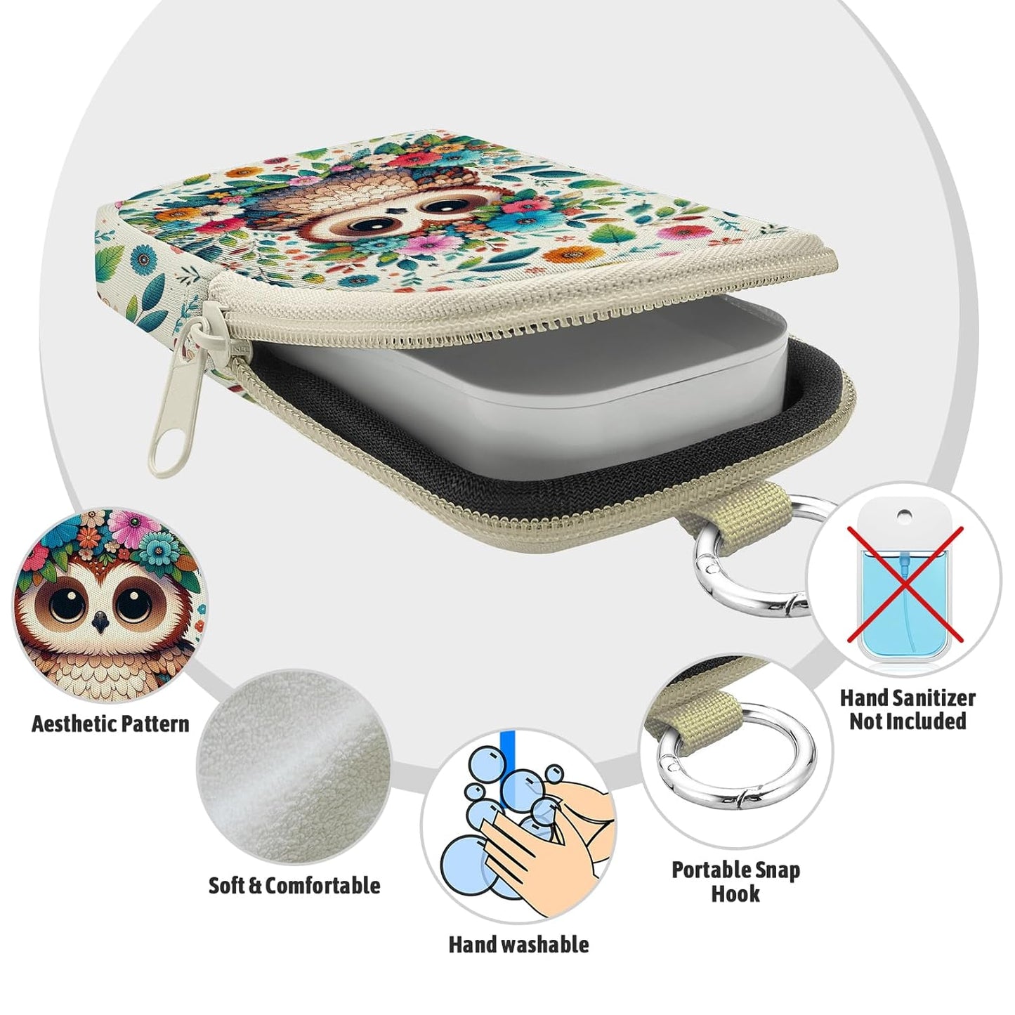Owls Floral Hand Sanitizer Spray Case, Hand Sanitizer Holder Zippered Pouch, Cute Fashion Accessory with Snap Hook for Glow Mist and Power Mist 1FL OZ