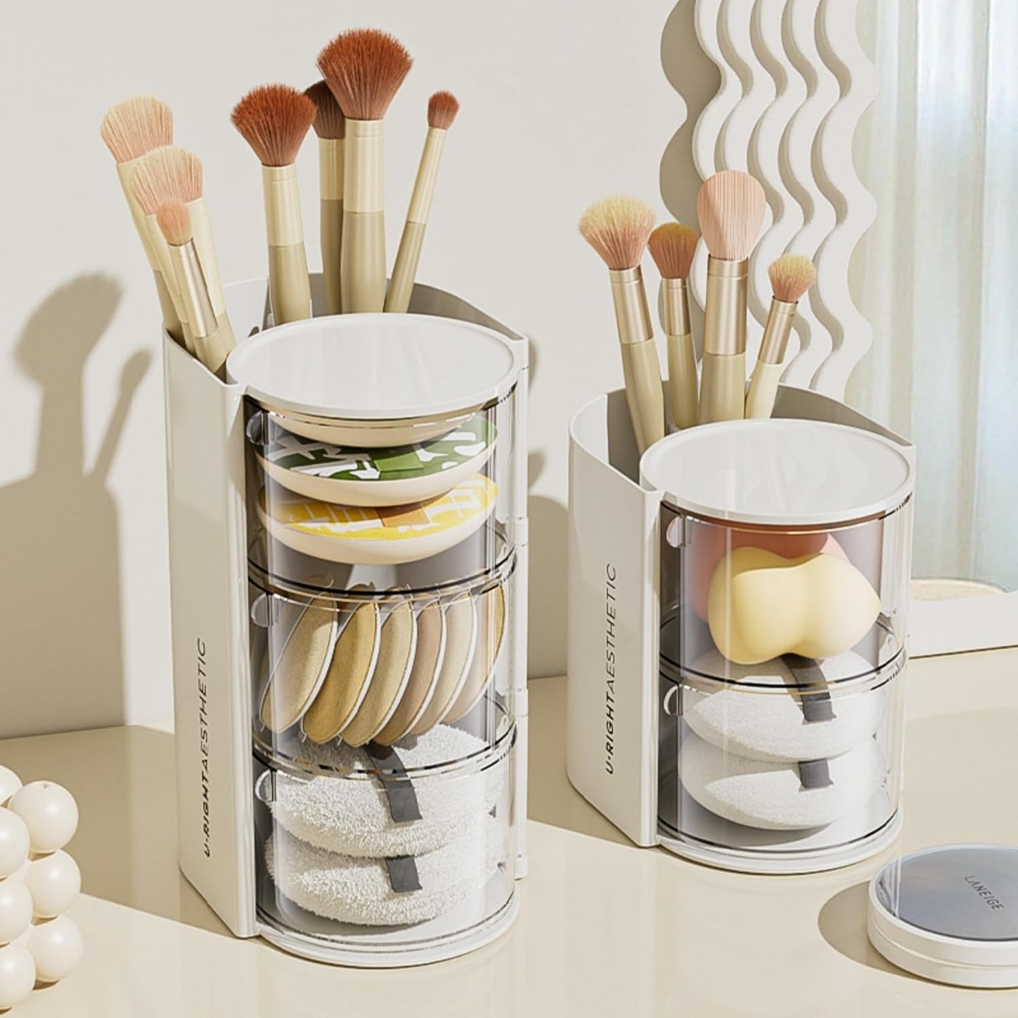 Hair Accessories Organizer with Hair Brush Holder, Rotatable Makeup Brush Holder for Necklaces, Earring, Bracelet, Ring, Makeup Brushes, Hair Clip and Hair Accessories (White, 3-Layer)