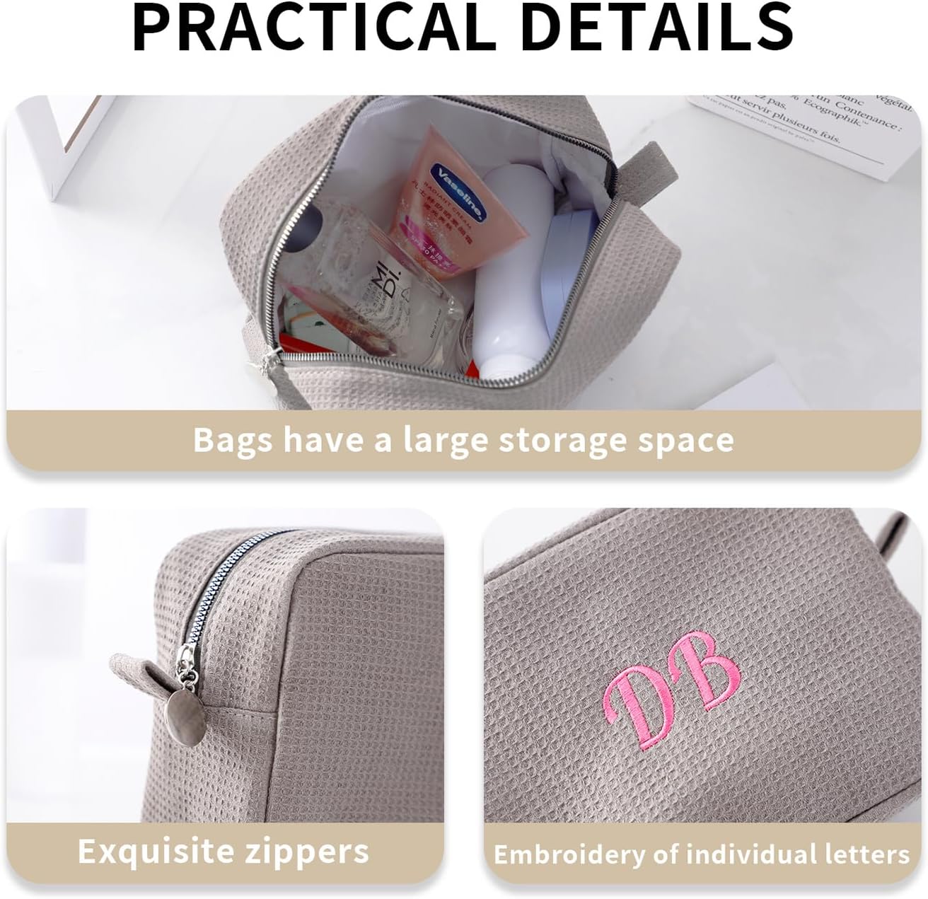 Personalized Embroidered Makeup Bag,Custom Waffle Fabric Cosmetic Pouch for Women, Travel Makeup Pouch (6, Gray)