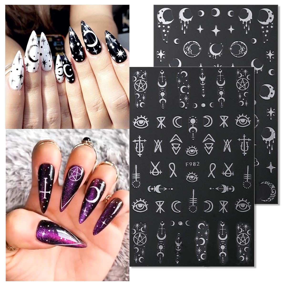 8 Sheets Metallic Nail Art Stickers Decals Silver Moon Star Sun Nail Stickers Eye Snake Nail Decals 3D Self-Adhesive Luxury Nail Art Design Stickers for Women Girls DIY Manicure Decoration Accessories
