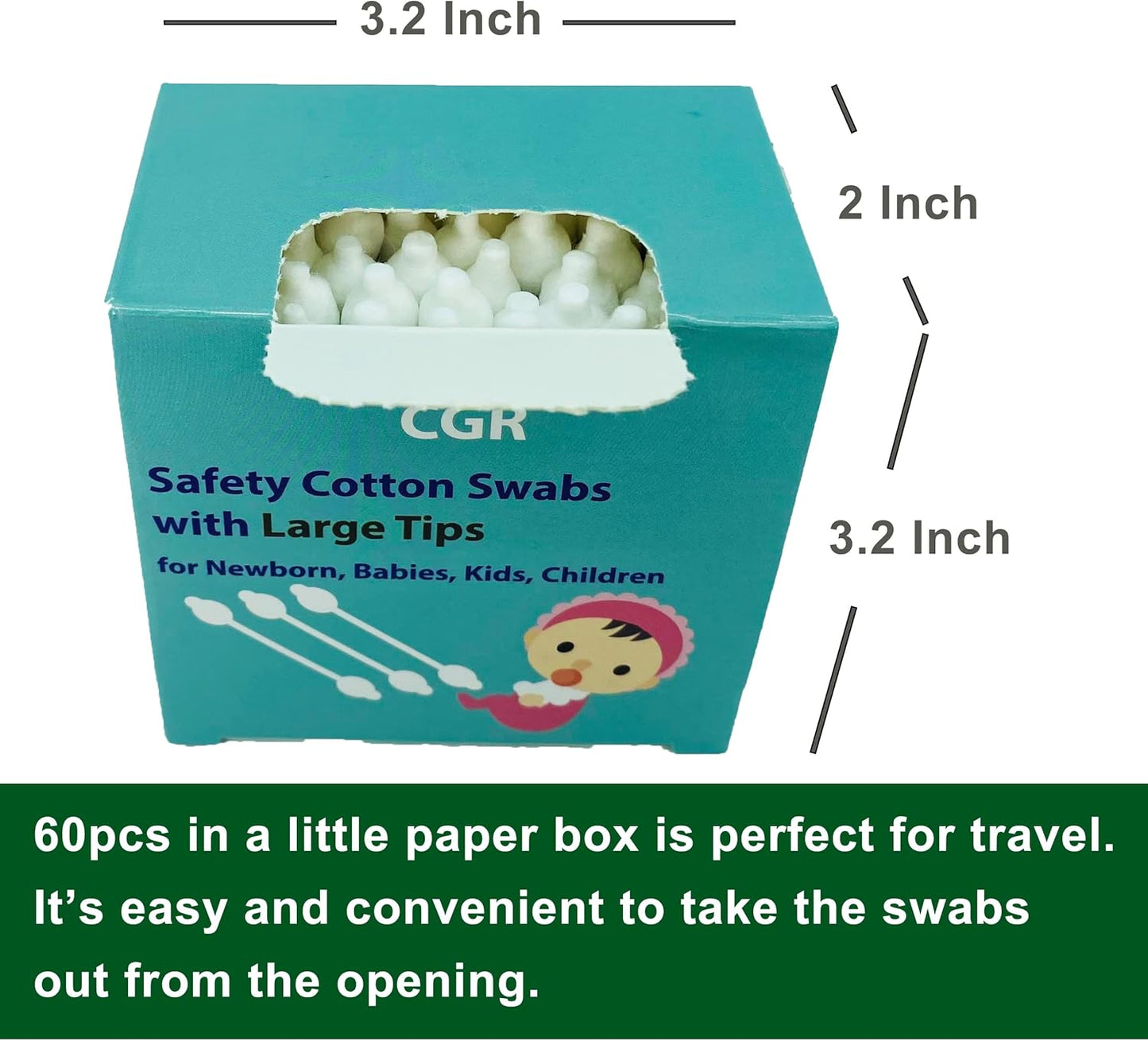 300pcs CGR Baby Safety Cotton Swabs with Large Tips for Newborn, Babies, Kids, Children, 100% Organic Cotton, White Paper Sticks, 5 Pack of 60 Swabs Total(5 Paper Boxes)