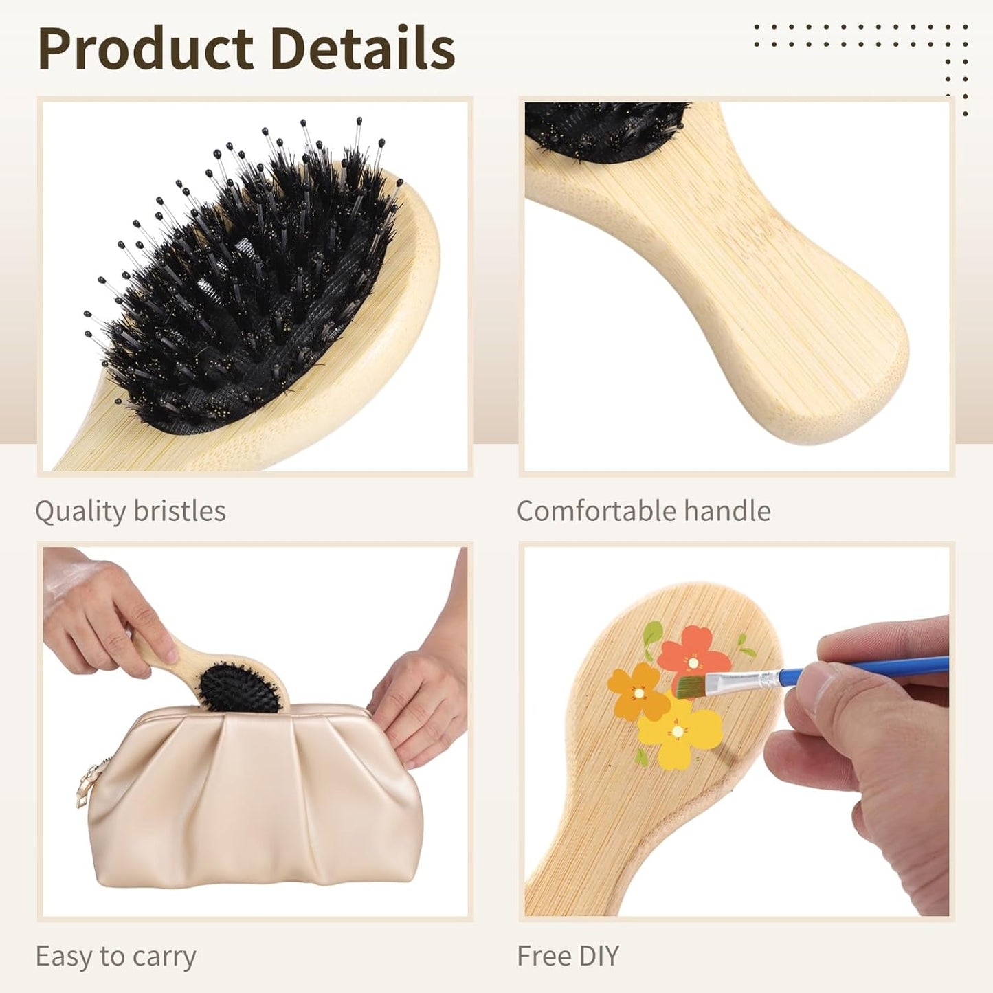 12PCS Mini Boar Bristle Hair Brushes Bulk,Bamboo Small Travel Pocket Paddle Hair Brush for Women Men,Oval Shape,Wooden Handle,Soft Bristles,Ideal for Wholesale and Distribution