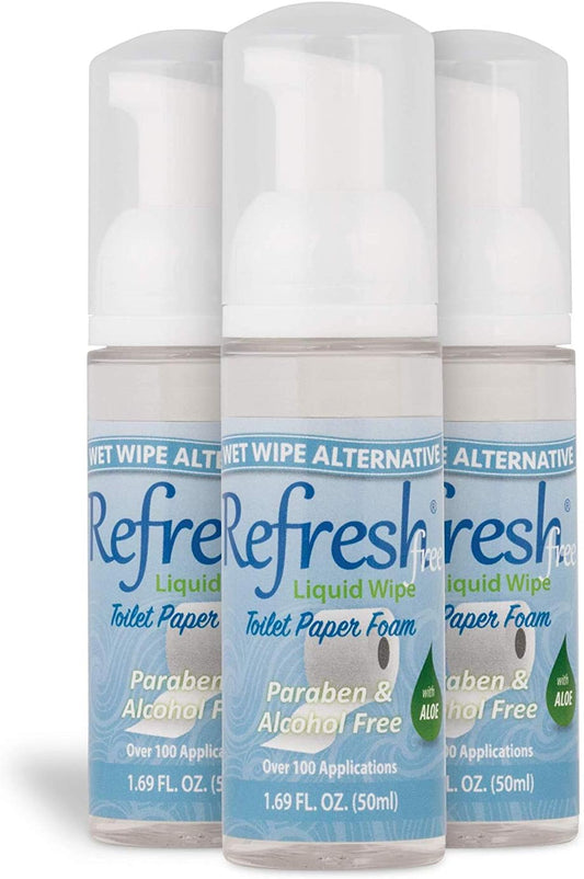 Refresh Liquid Wipe Toilet Paper Foam 3 Pack (50ml Each, 1.69 fl oz) – Eco-Friendly Flushable Wet Wipe Alternative for Sensitive Skin with Aloe & Witch Hazel – Plumbing Safe & Alcohol Free