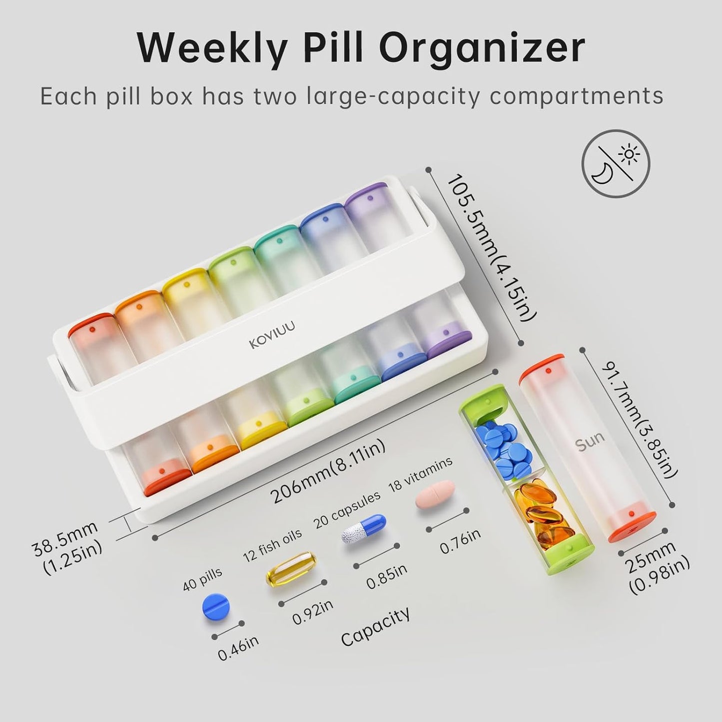 Weekly Pill Organizer 2 Times a Day, KOVIUU Large Travel Pill Box 7 Day, Am Pm Twice Daily Pill Case with Rotatable Handle, Pill Holder Container for Vitamin, Medicine, Supplement, Translucent-White