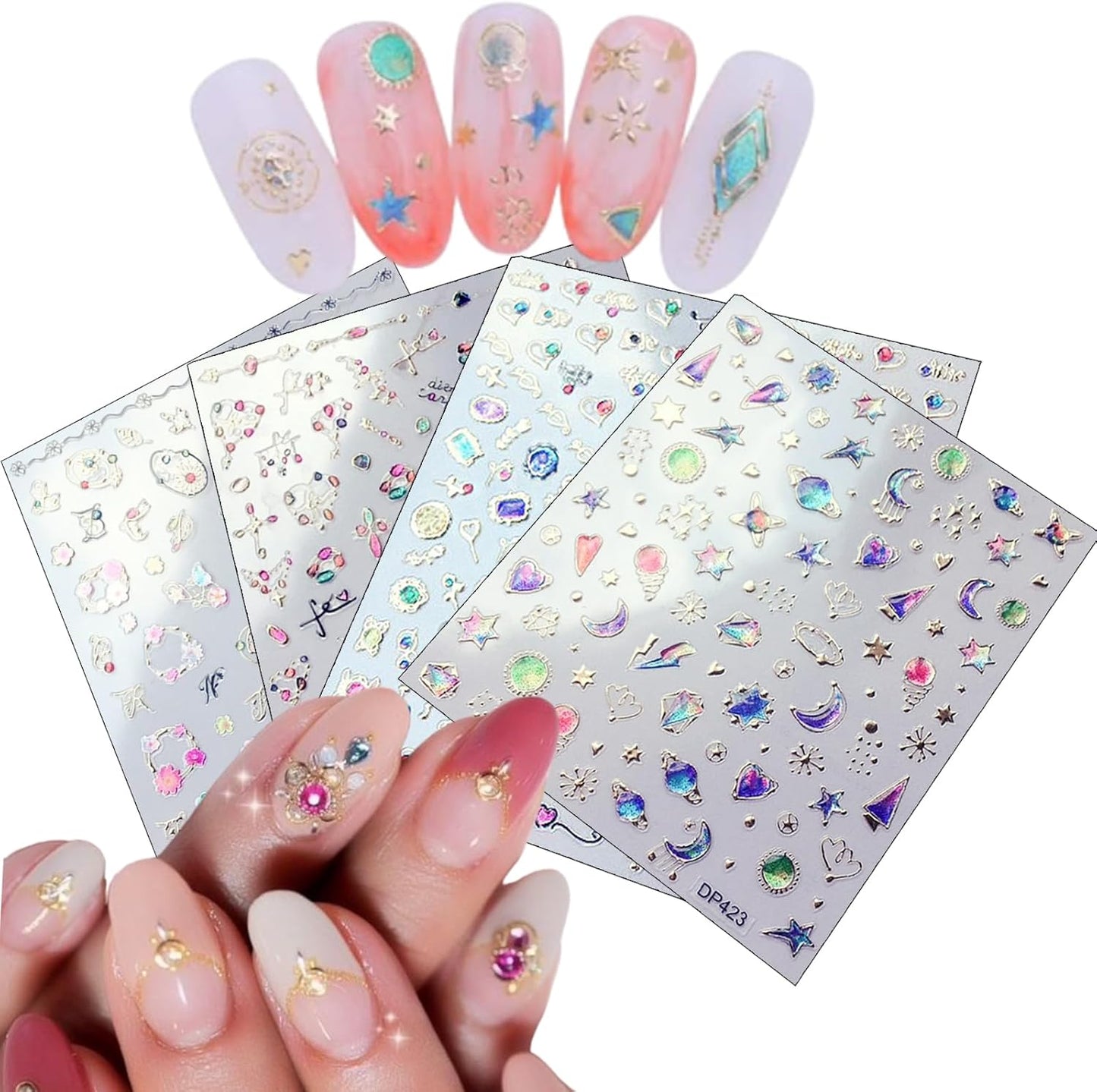 4 Sheets Star Sun Moon Nail Art Stickers 3D Holographic Self Adhesive Glitter Colorful Floral Nail Stickers Sparkly Heart Gems Design Nail Supplies for Women and Girls DIY Manicure Decoration