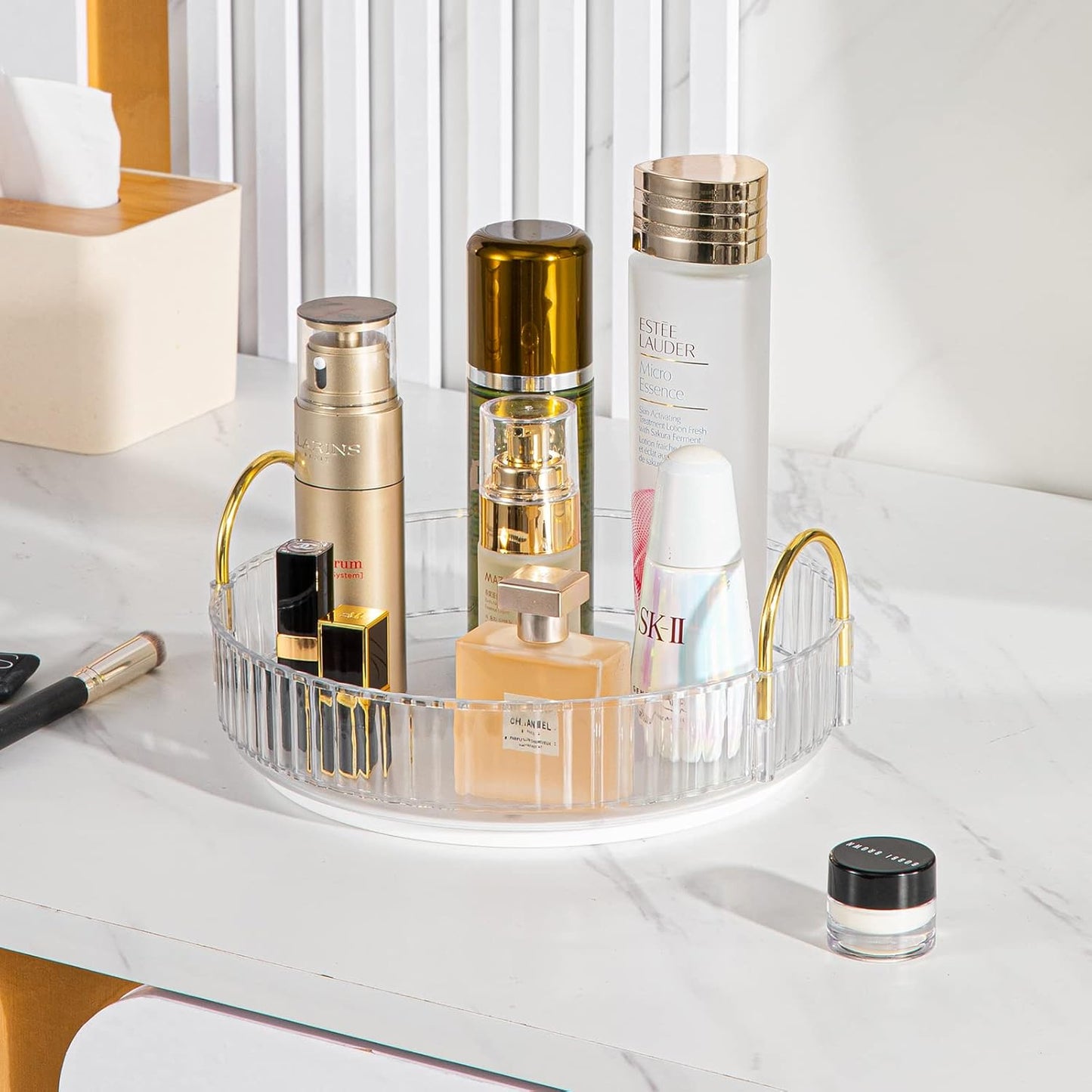 Rotating Makeup Organizer for Vanity, High-Capacity Skincare Clear Make Up Storage Perfume Organizers Cosmetic Dresser Organizer Countertop 360 Spinning (Clear, 1 Tier)