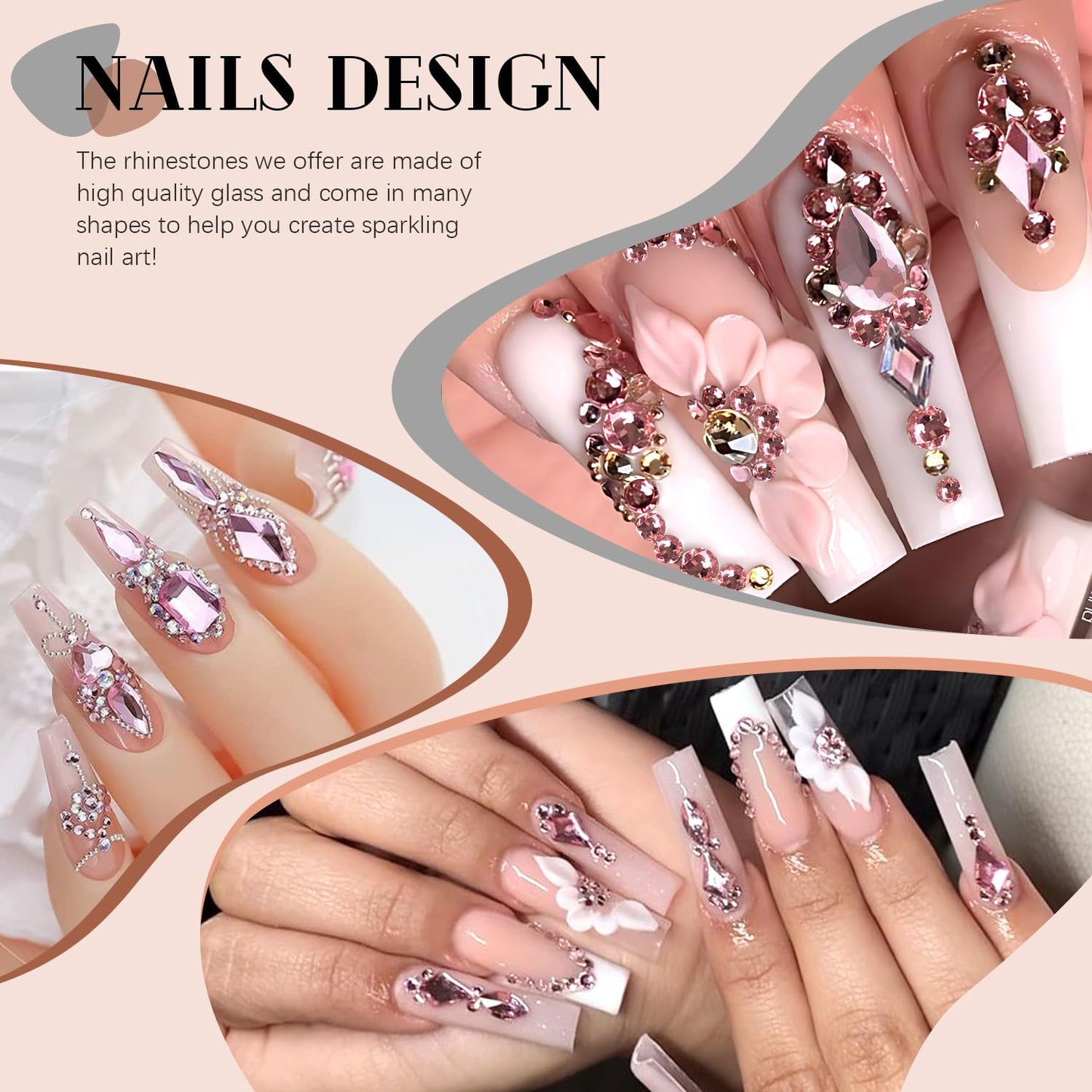 3220 Pink Glass Nail Rhinestones - Multi Shapes, Flatback Gems + 3100 Round Crystal with Glue Gel, Manicure Nail Charms for Art